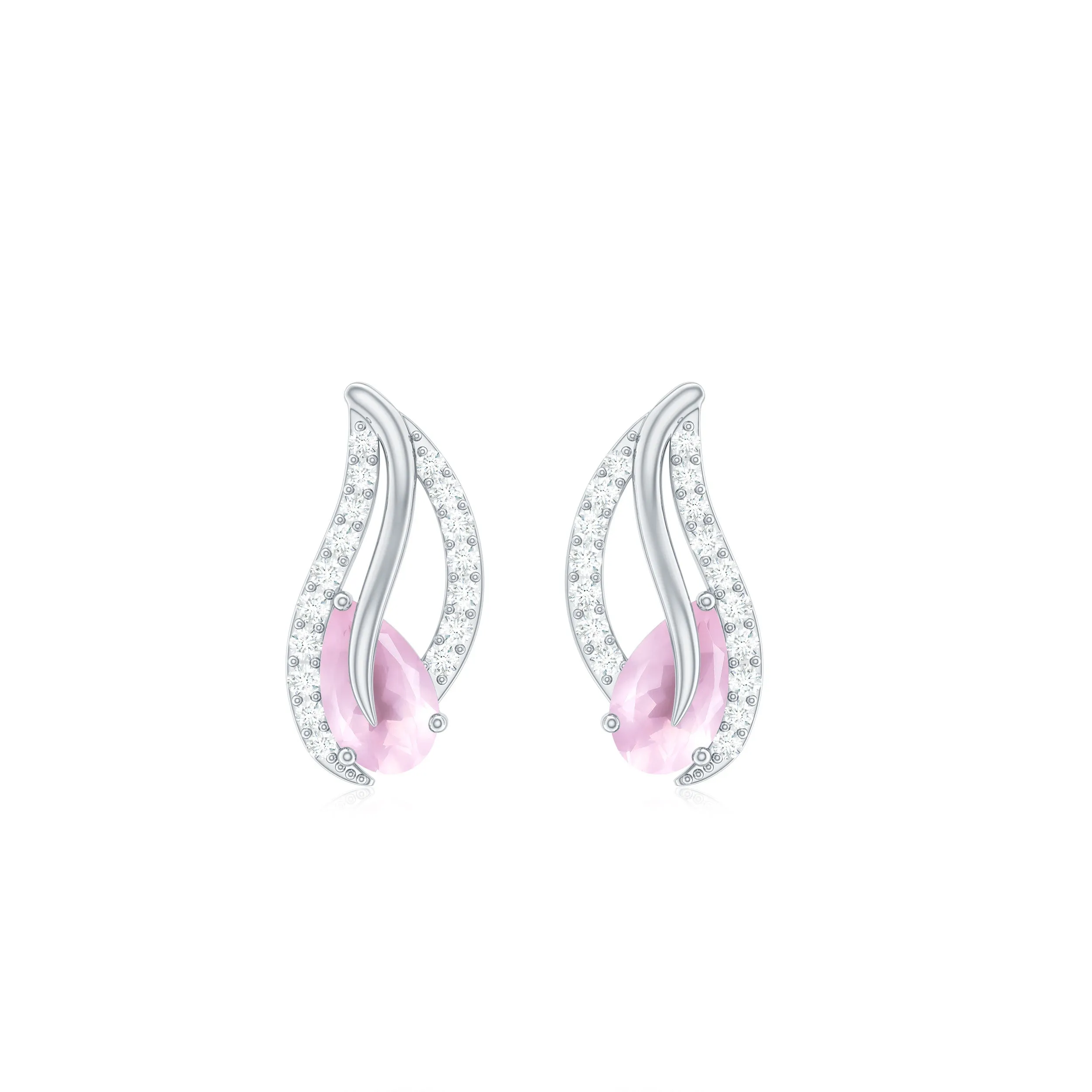 1/2 CT Pear Shape Rose Quartz and Diamond Leaf Stud Earrings