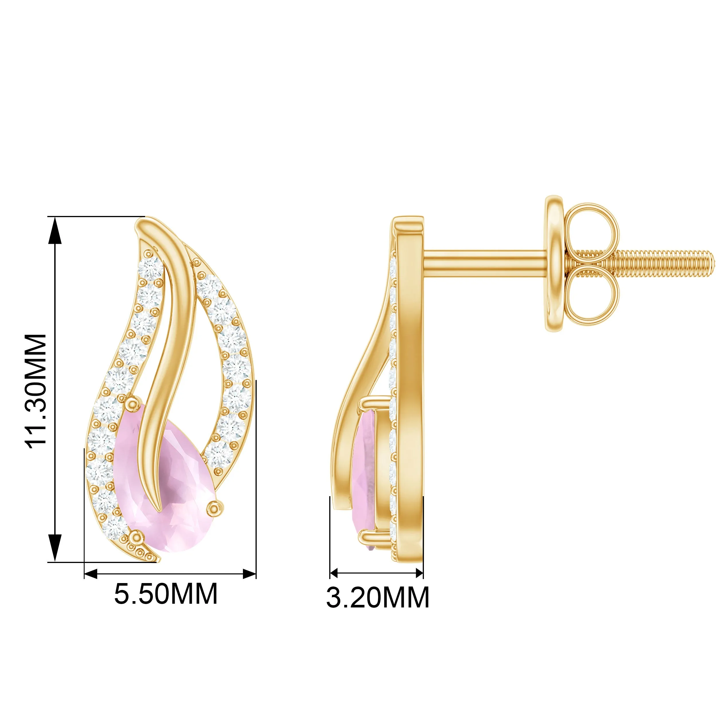 1/2 CT Pear Shape Rose Quartz and Diamond Leaf Stud Earrings