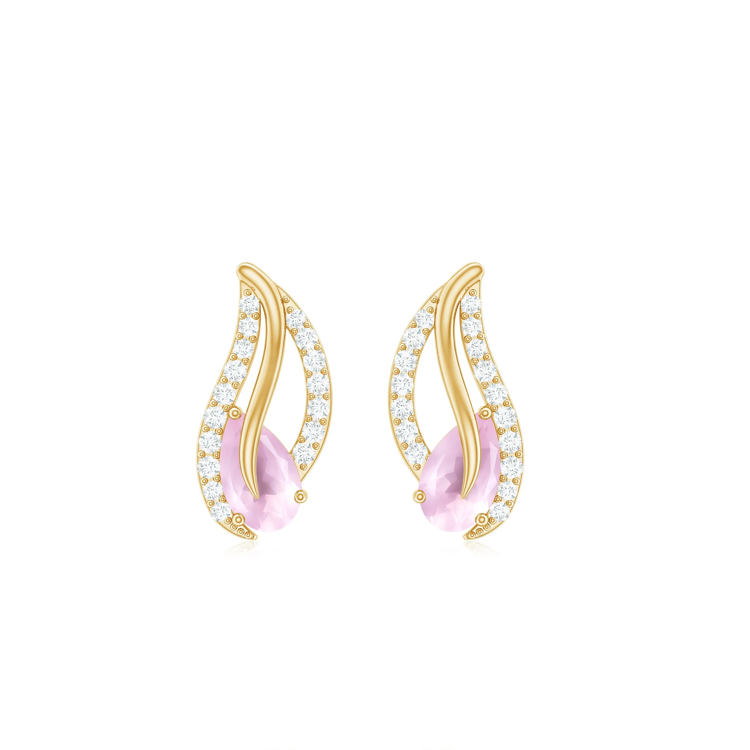 1/2 CT Pear Shape Rose Quartz and Diamond Leaf Stud Earrings
