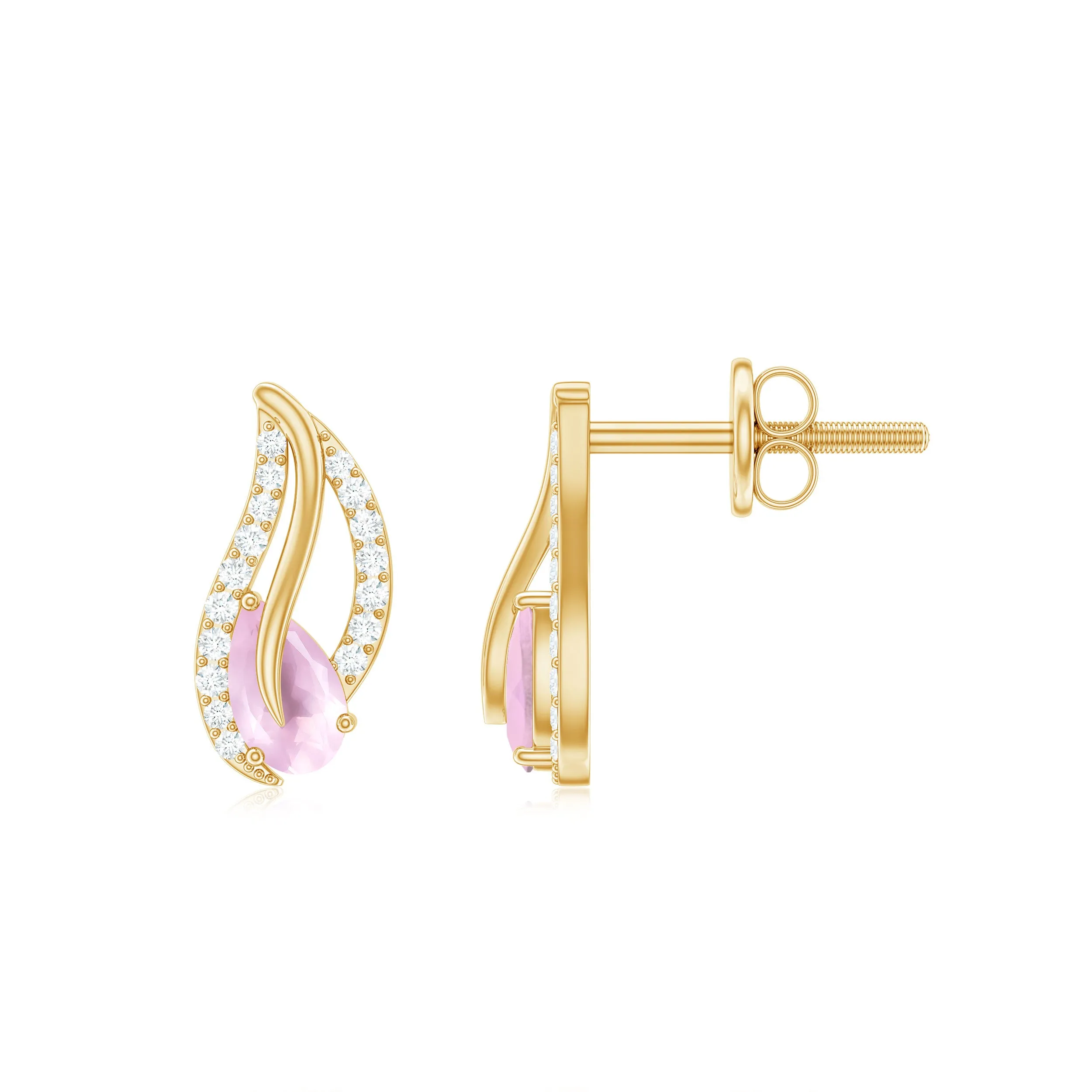 1/2 CT Pear Shape Rose Quartz and Diamond Leaf Stud Earrings