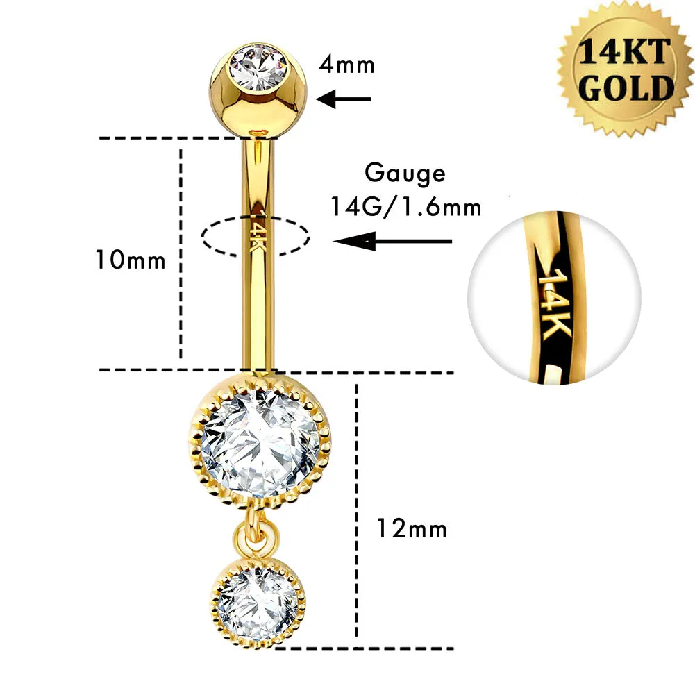 14K Gold 14G Round CZ Dangle Belly Ring
