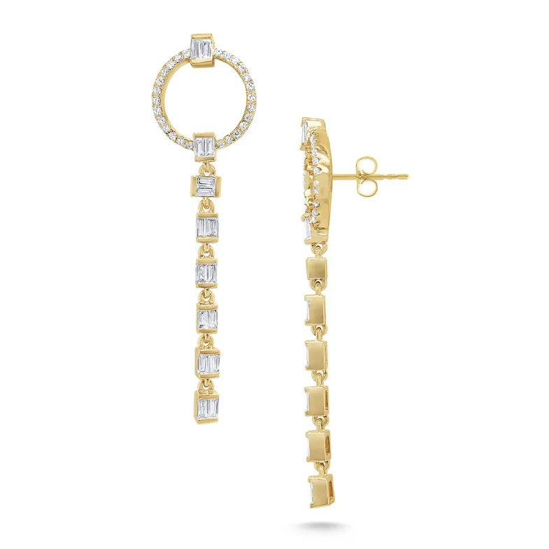 14k Yellow Gold Diamond Circle & Baguette Drop Dangle Earrings (I8281)