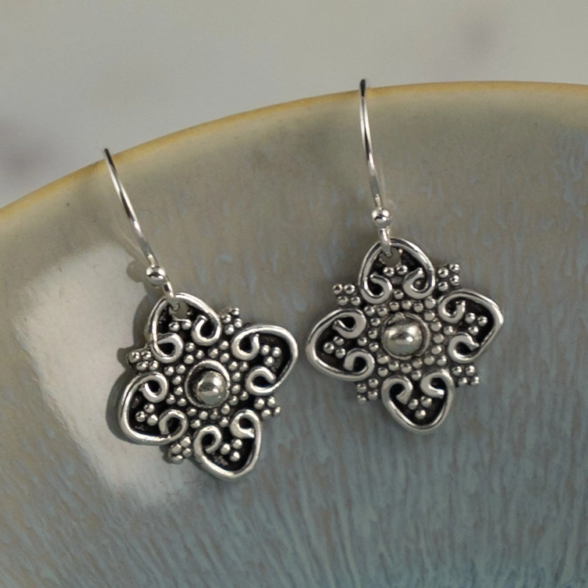 4 point Bali dangle earrings, Boho style drop earrings