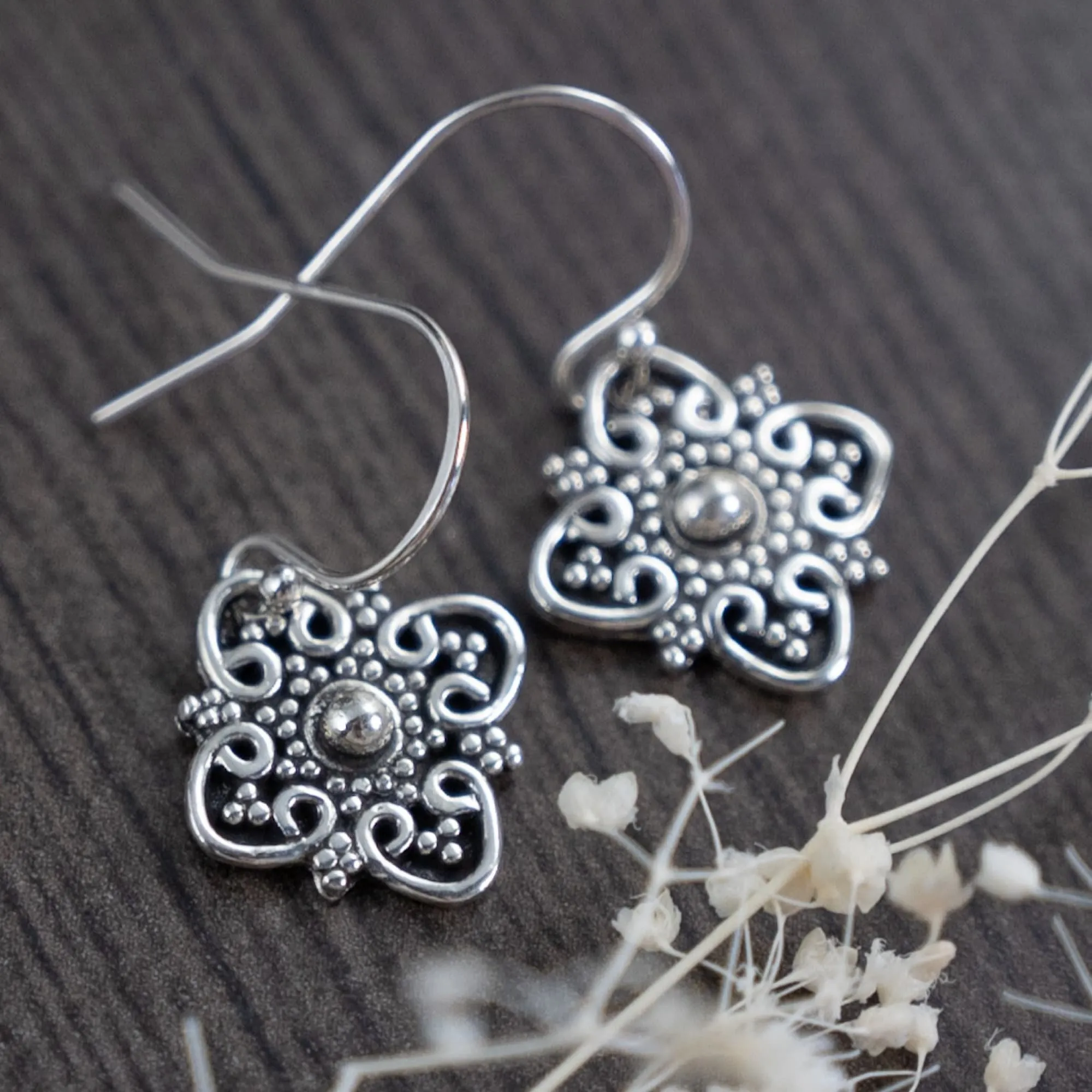 4 point Bali dangle earrings, Boho style drop earrings