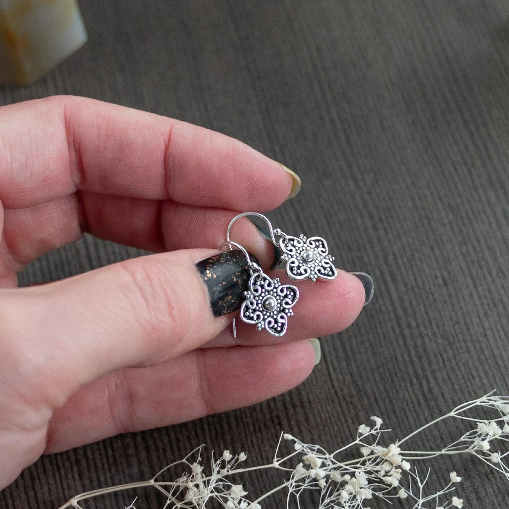 4 point Bali dangle earrings, Boho style drop earrings