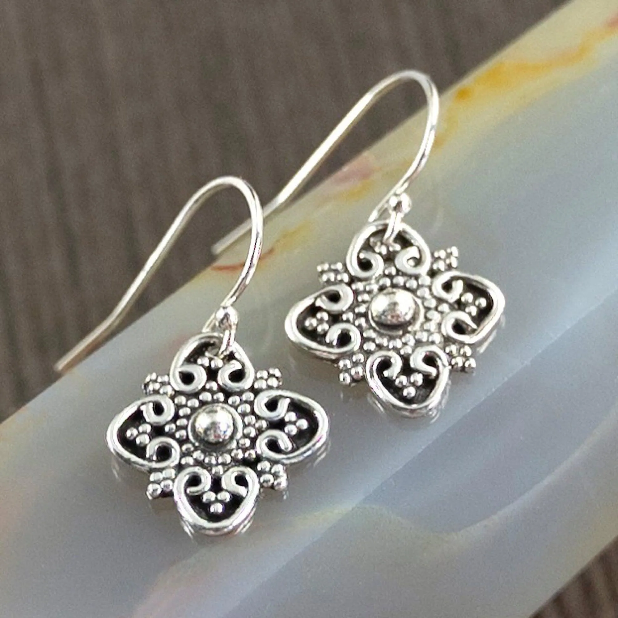 4 point Bali dangle earrings, Boho style drop earrings