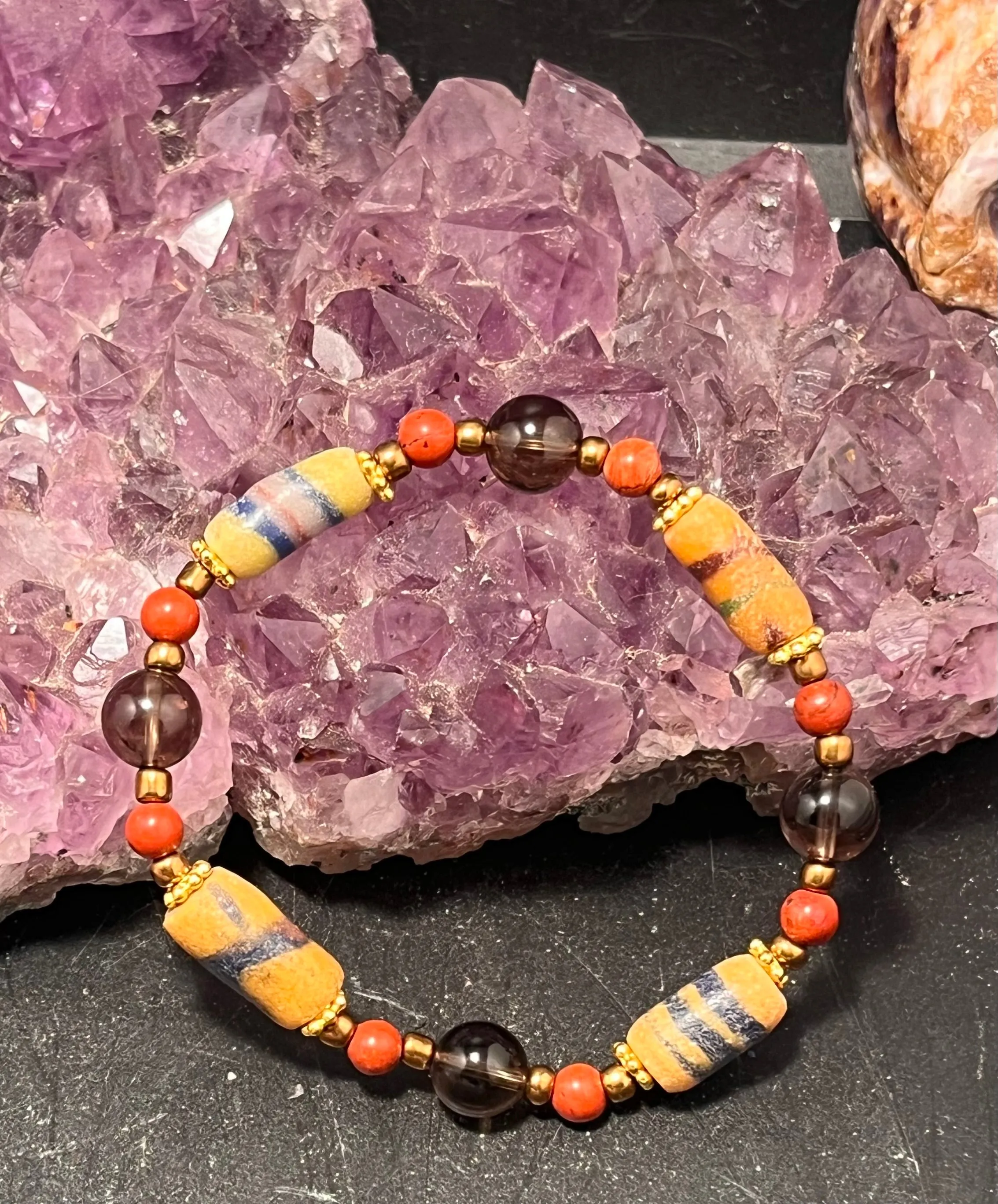 African Beads Smoky Quartz and Red Jasper Stretchy Bracelet