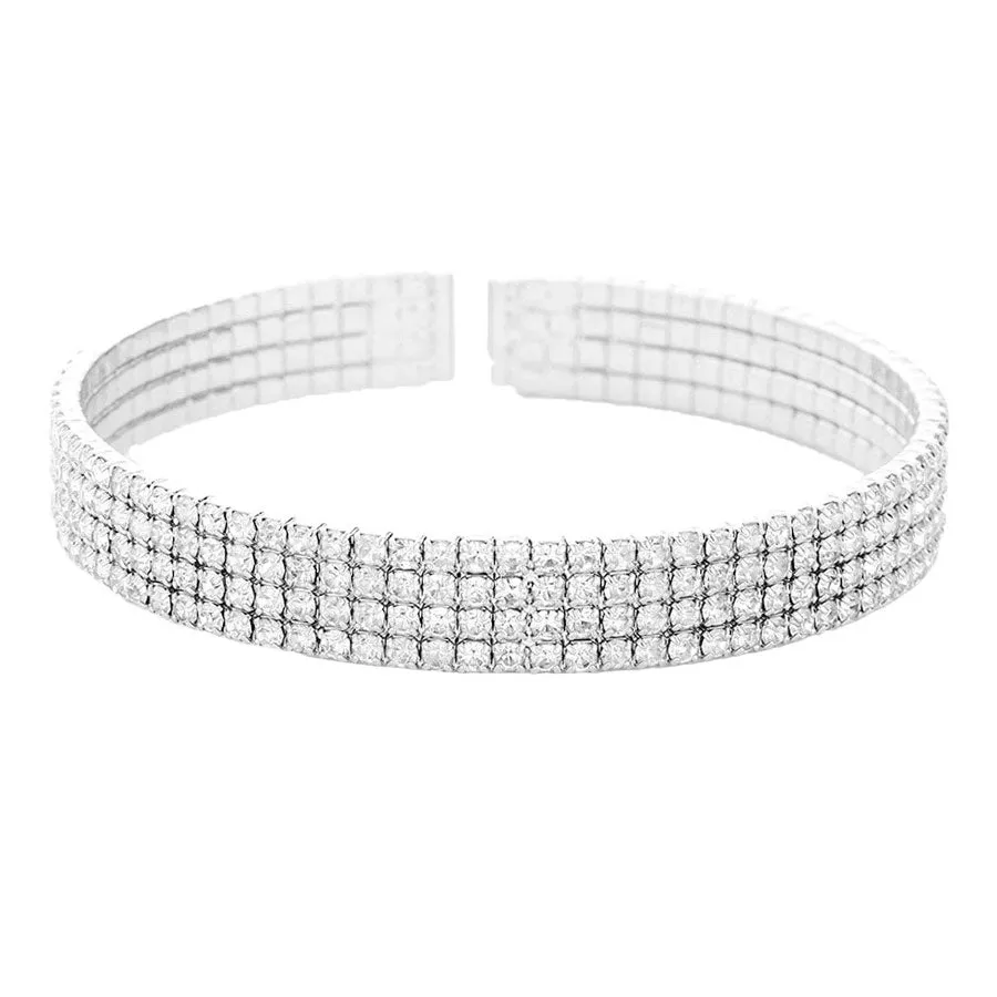 Brass Metal Four Rows Rhinestone Cuff Bracelet