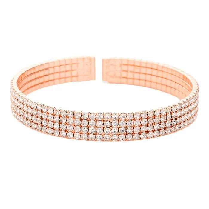 Brass Metal Four Rows Rhinestone Cuff Bracelet