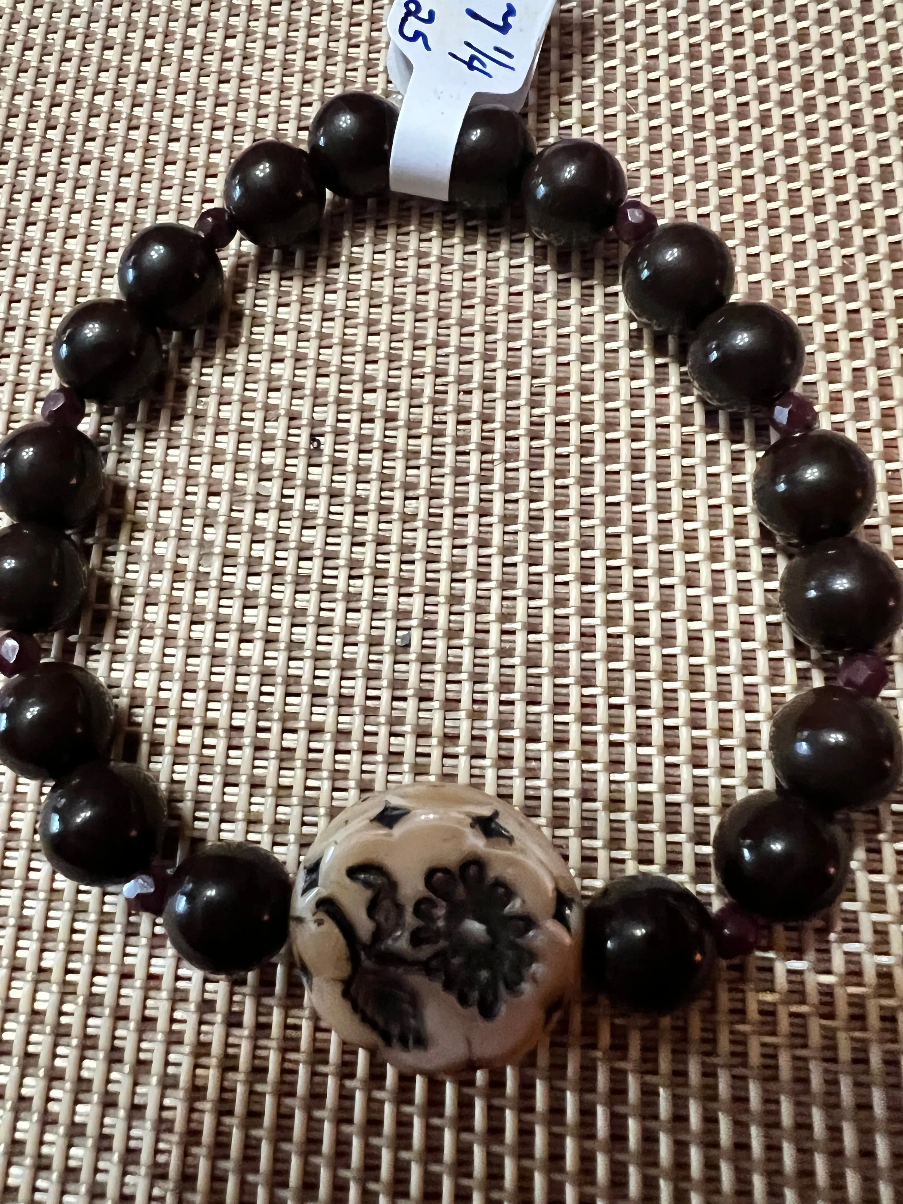 Brown and Crystal Stretch Bracelet with Flower Focal