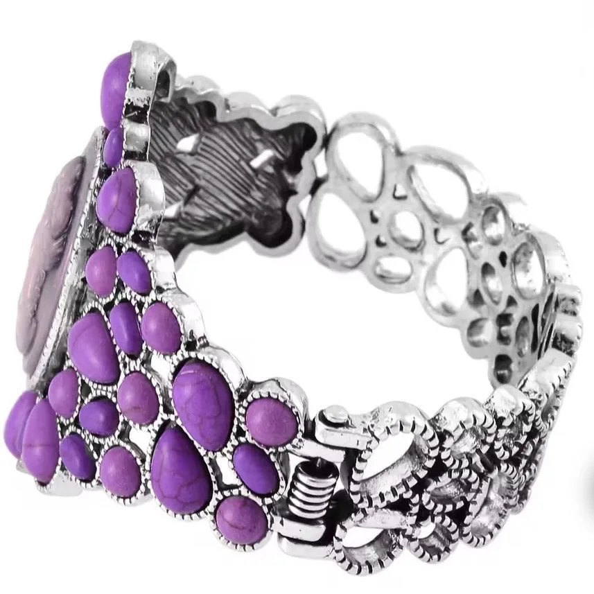 Cameo and Purple Howlite Silver Bangle 7Bracelet 26.00 ctw New