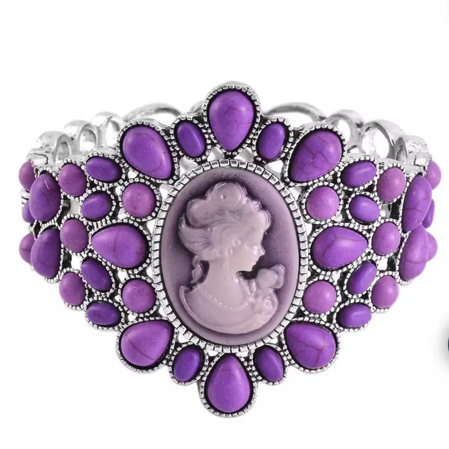 Cameo and Purple Howlite Silver Bangle 7Bracelet 26.00 ctw New