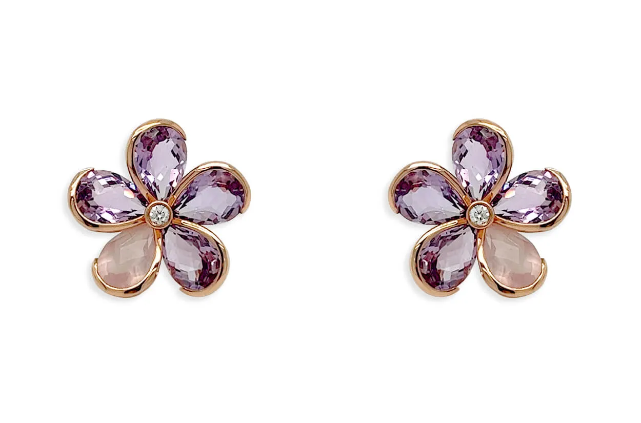 Earrings 18kt Gold Quartz & Amethysts Flowers