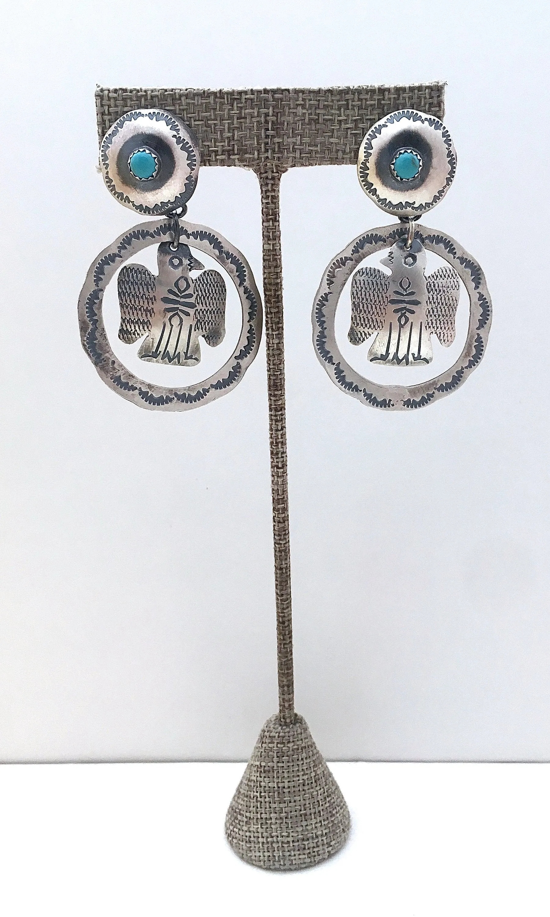 FRED HARVEY  Silver & Turquoise Thunderbird Hoop Earrings