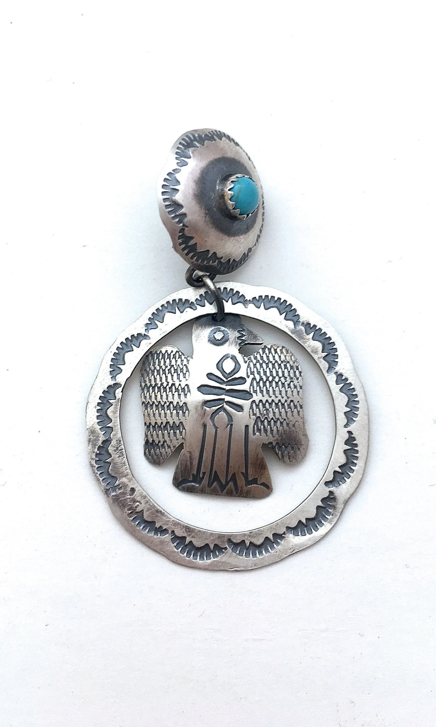 FRED HARVEY  Silver & Turquoise Thunderbird Hoop Earrings