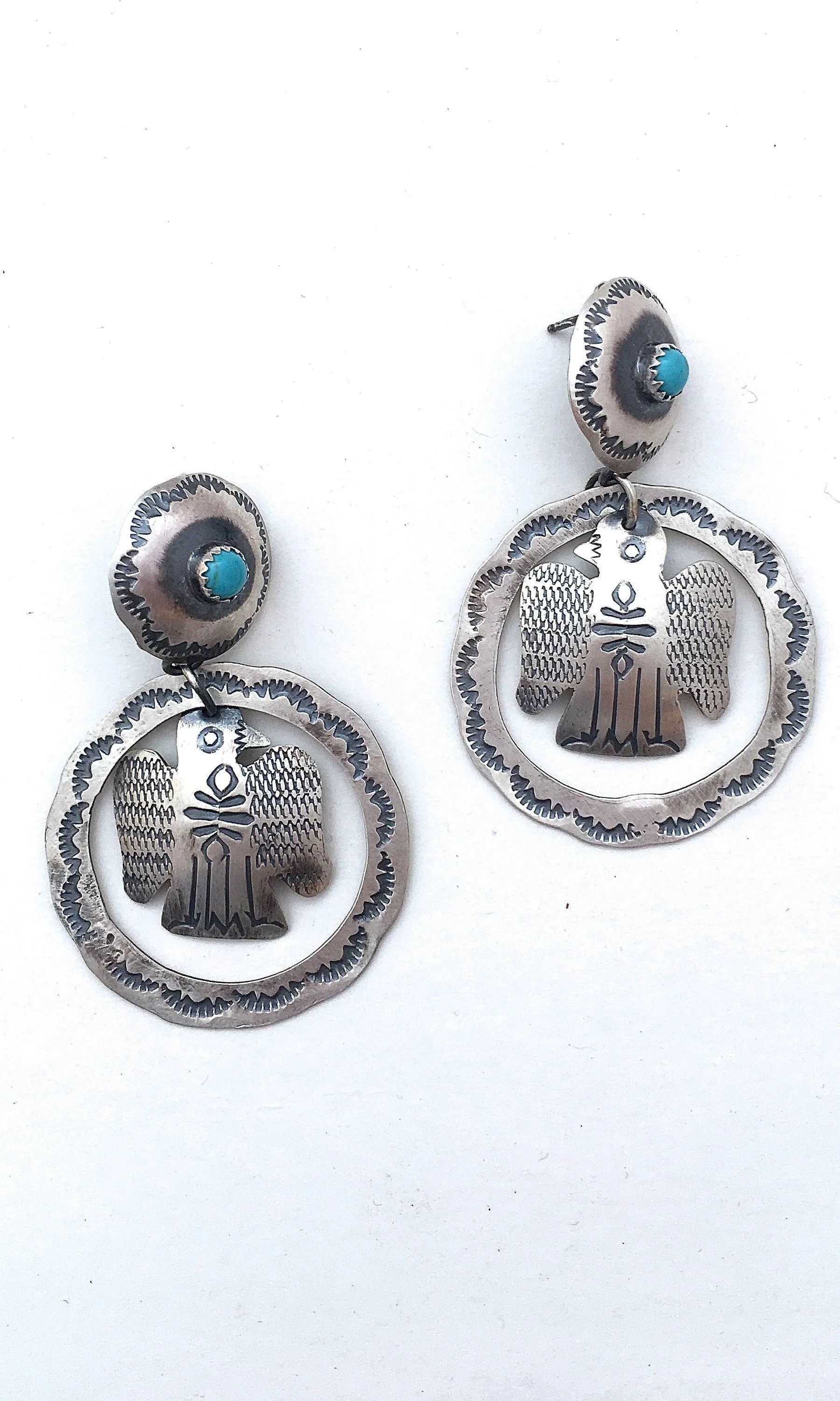 FRED HARVEY  Silver & Turquoise Thunderbird Hoop Earrings