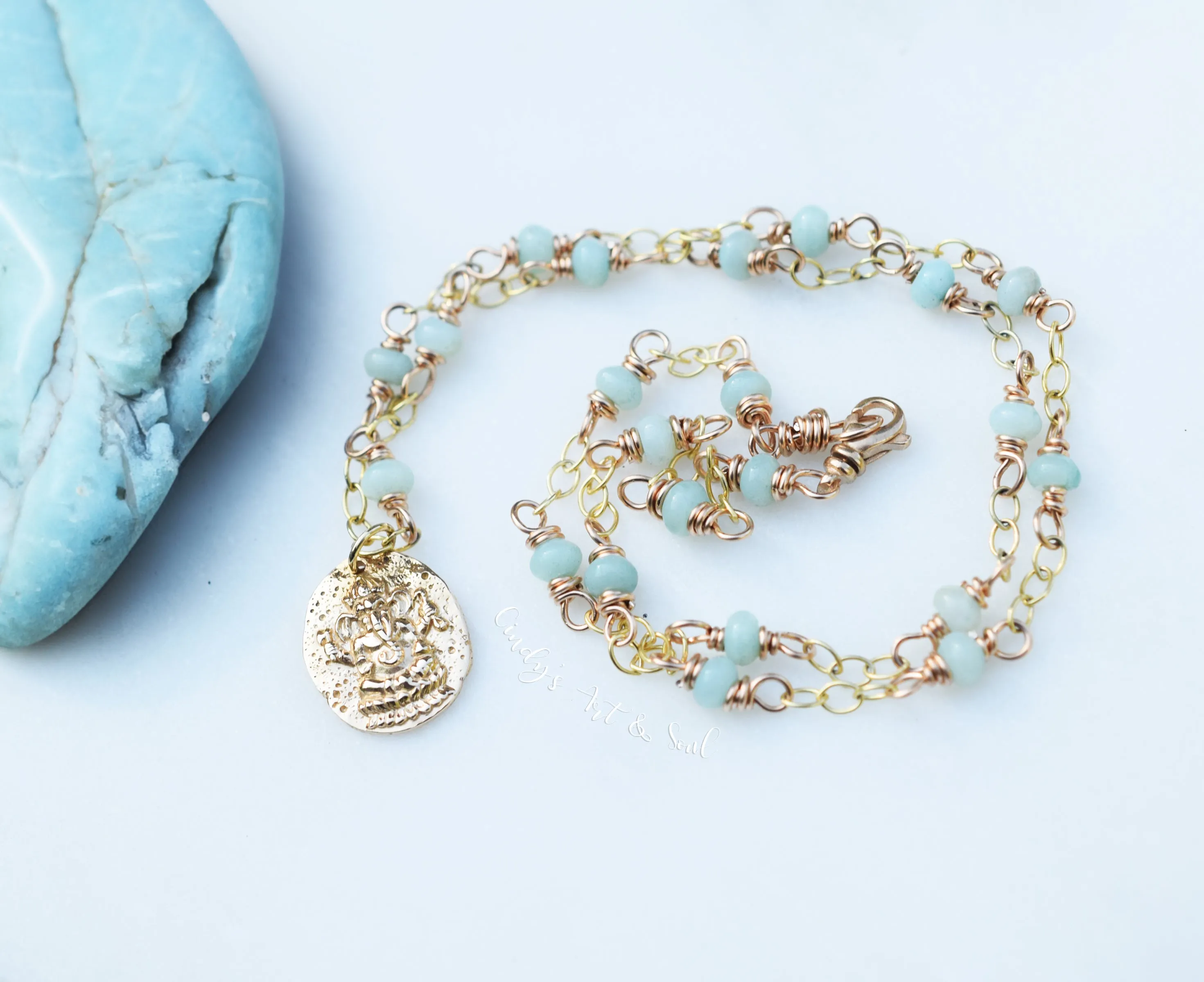 Ganesh Necklace. Pale Blue Amazonite Gemstone Jewelry. Golden Bronze Beaded Chain. Cindy's Art and Soul Jewelry. 99231