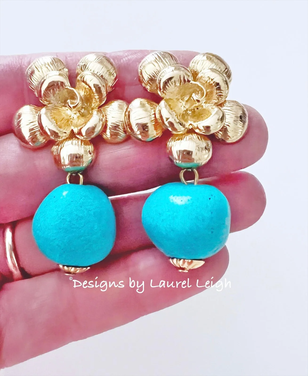 Gold Floral Turquoise Nugget Earrings