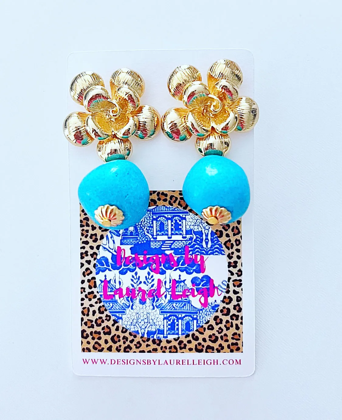 Gold Floral Turquoise Nugget Earrings