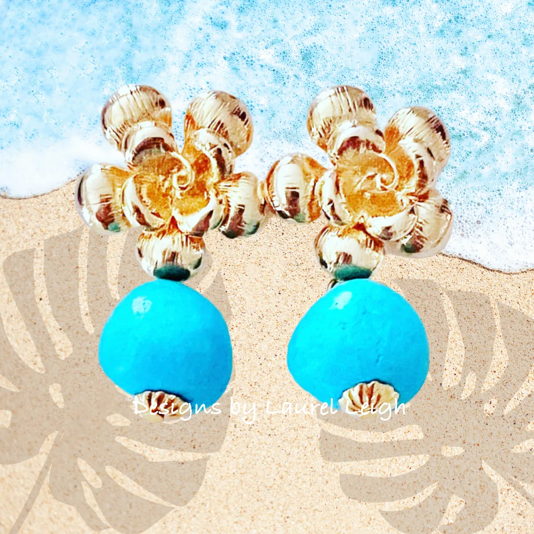 Gold Floral Turquoise Nugget Earrings
