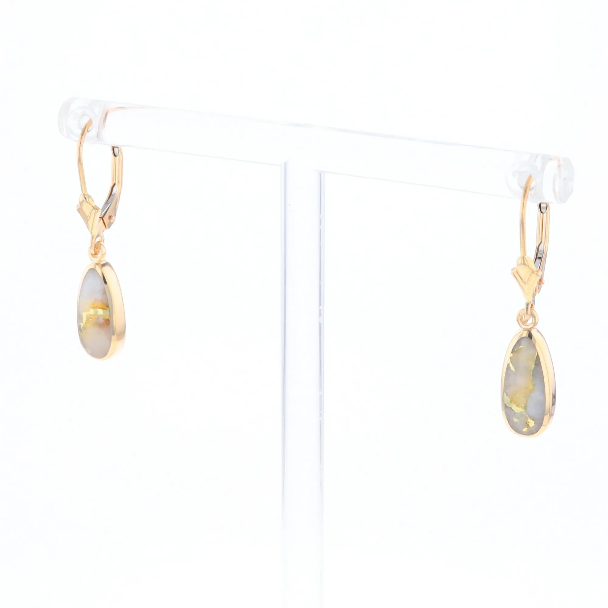 Gold Quartz Earrings Tear Drop Inlaid Lever Backs