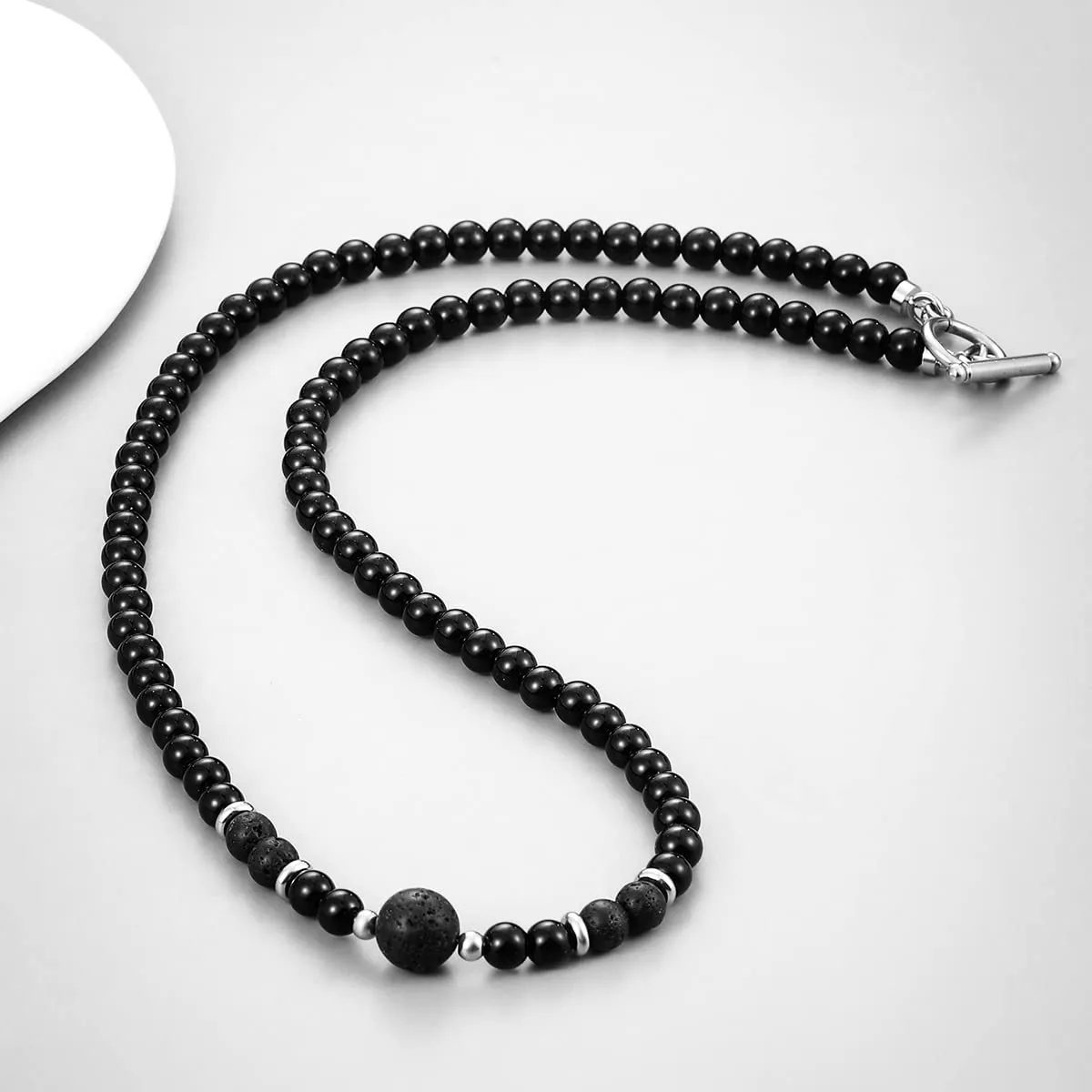 Handmade Mens Natural Black/Lava Gemstone Beaded Necklace