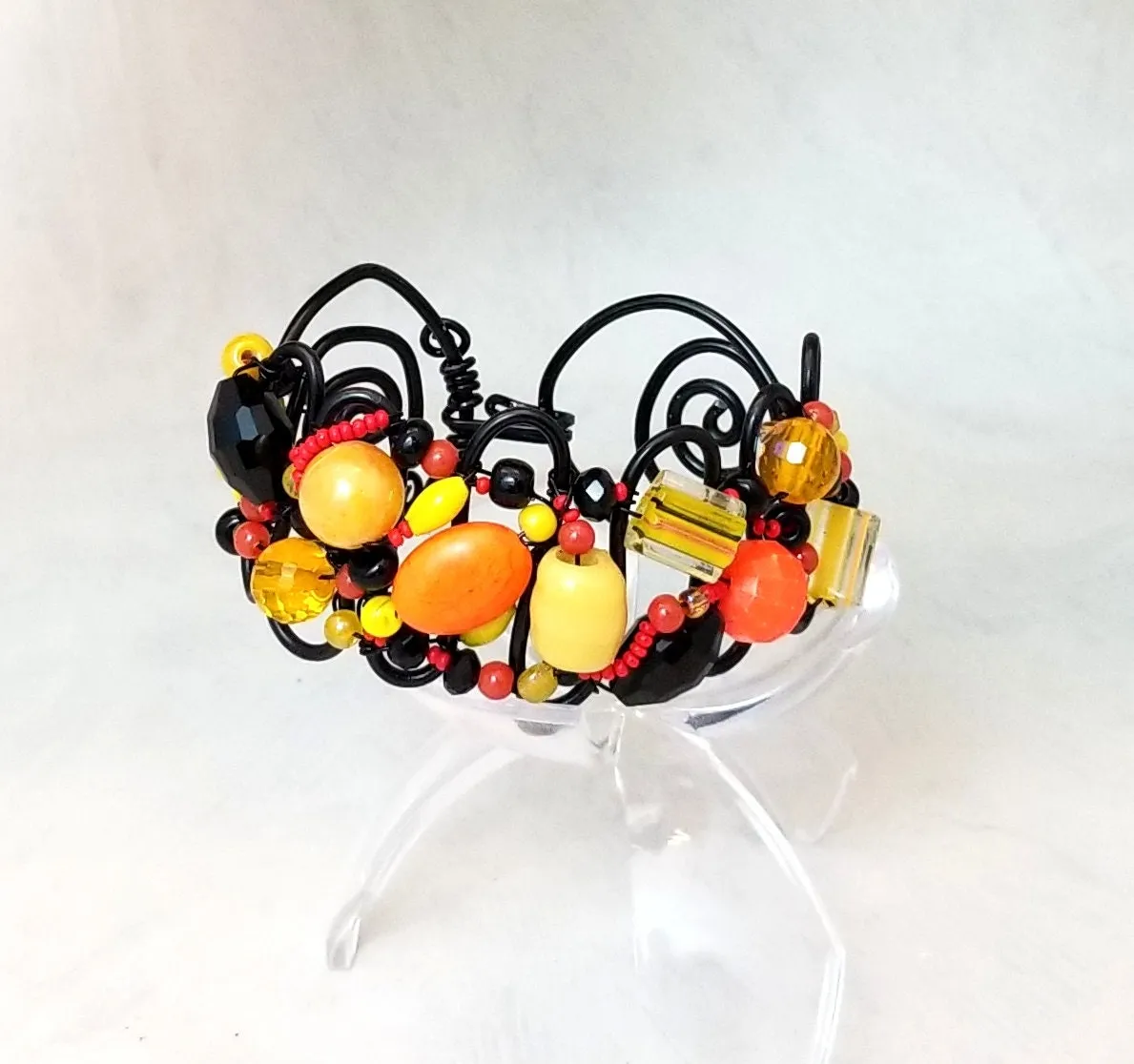 Handmade Wire Statement Cuff Bracelet, Adjustable, OOAK, Black   Yellow   Orange