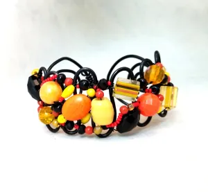 Handmade Wire Statement Cuff Bracelet, Adjustable, OOAK, Black   Yellow   Orange