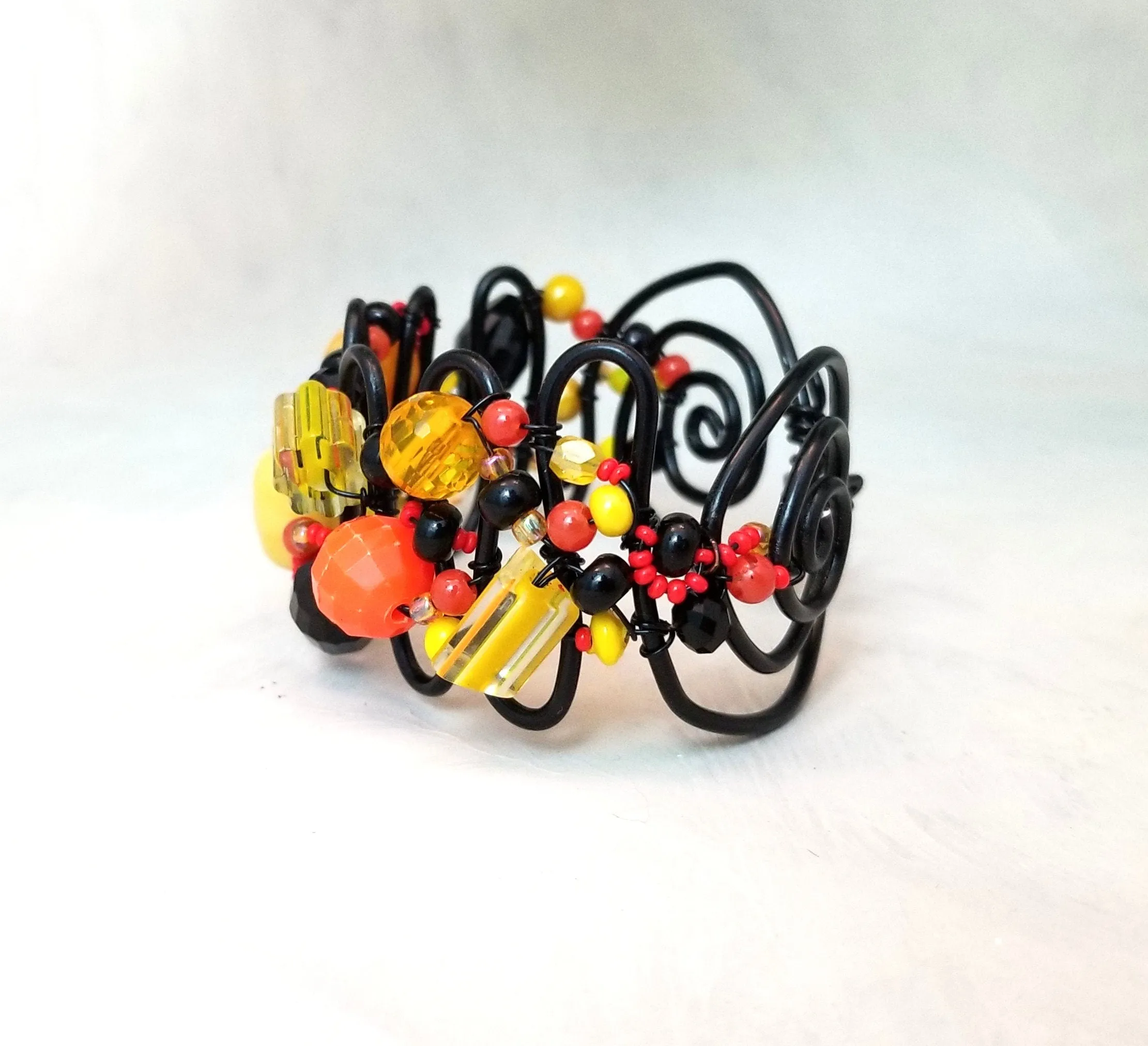 Handmade Wire Statement Cuff Bracelet, Adjustable, OOAK, Black   Yellow   Orange