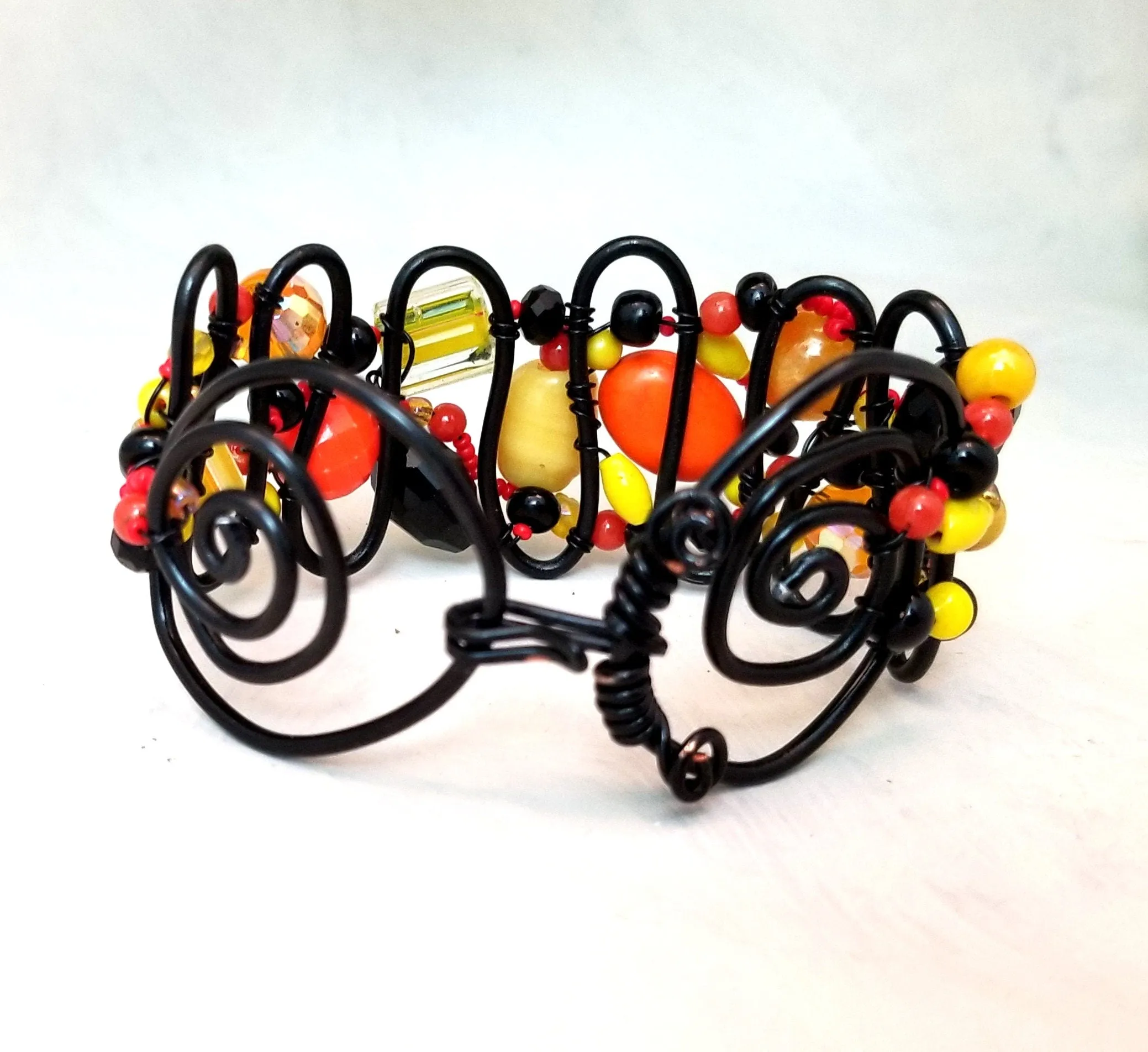 Handmade Wire Statement Cuff Bracelet, Adjustable, OOAK, Black   Yellow   Orange