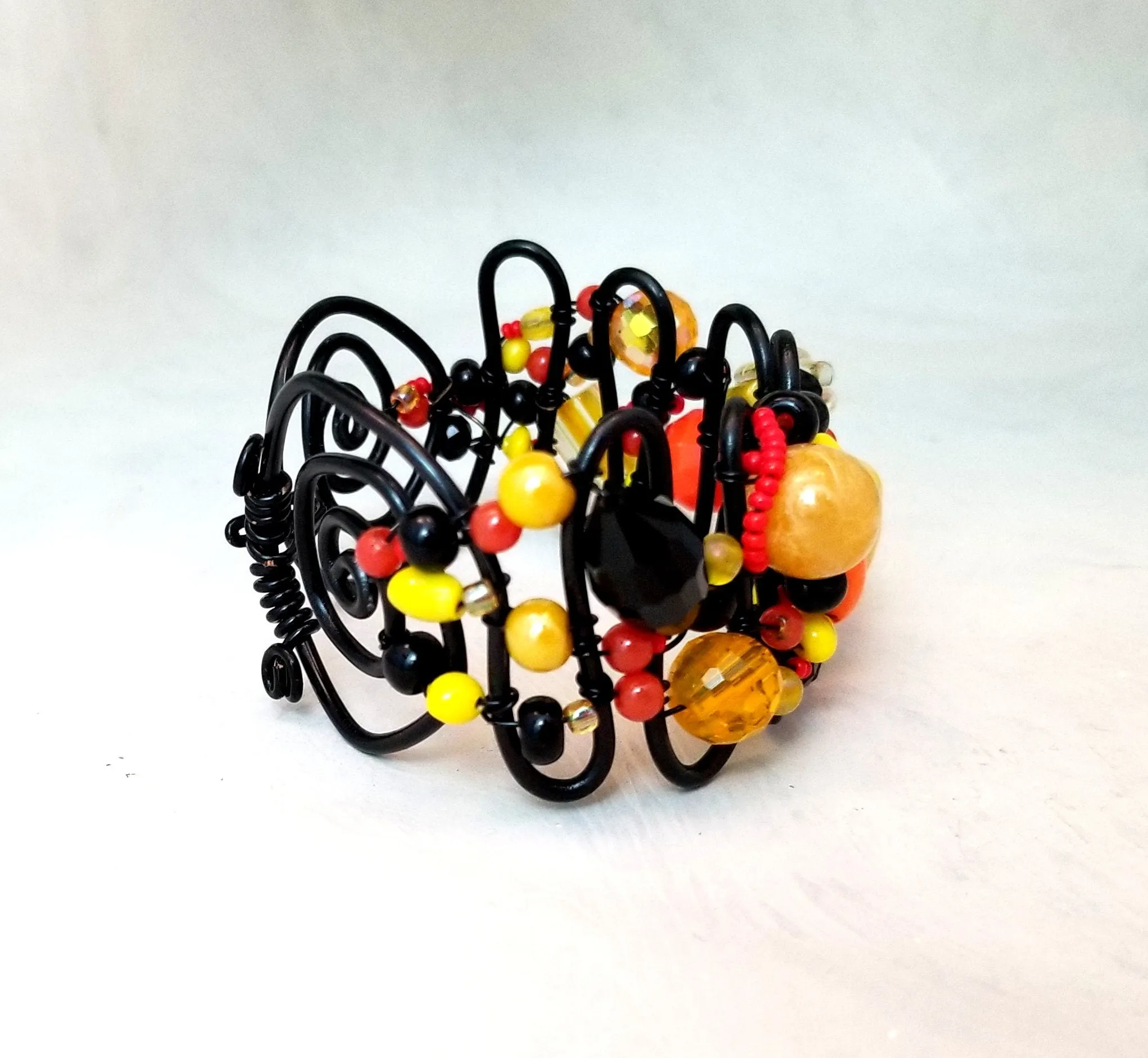 Handmade Wire Statement Cuff Bracelet, Adjustable, OOAK, Black   Yellow   Orange