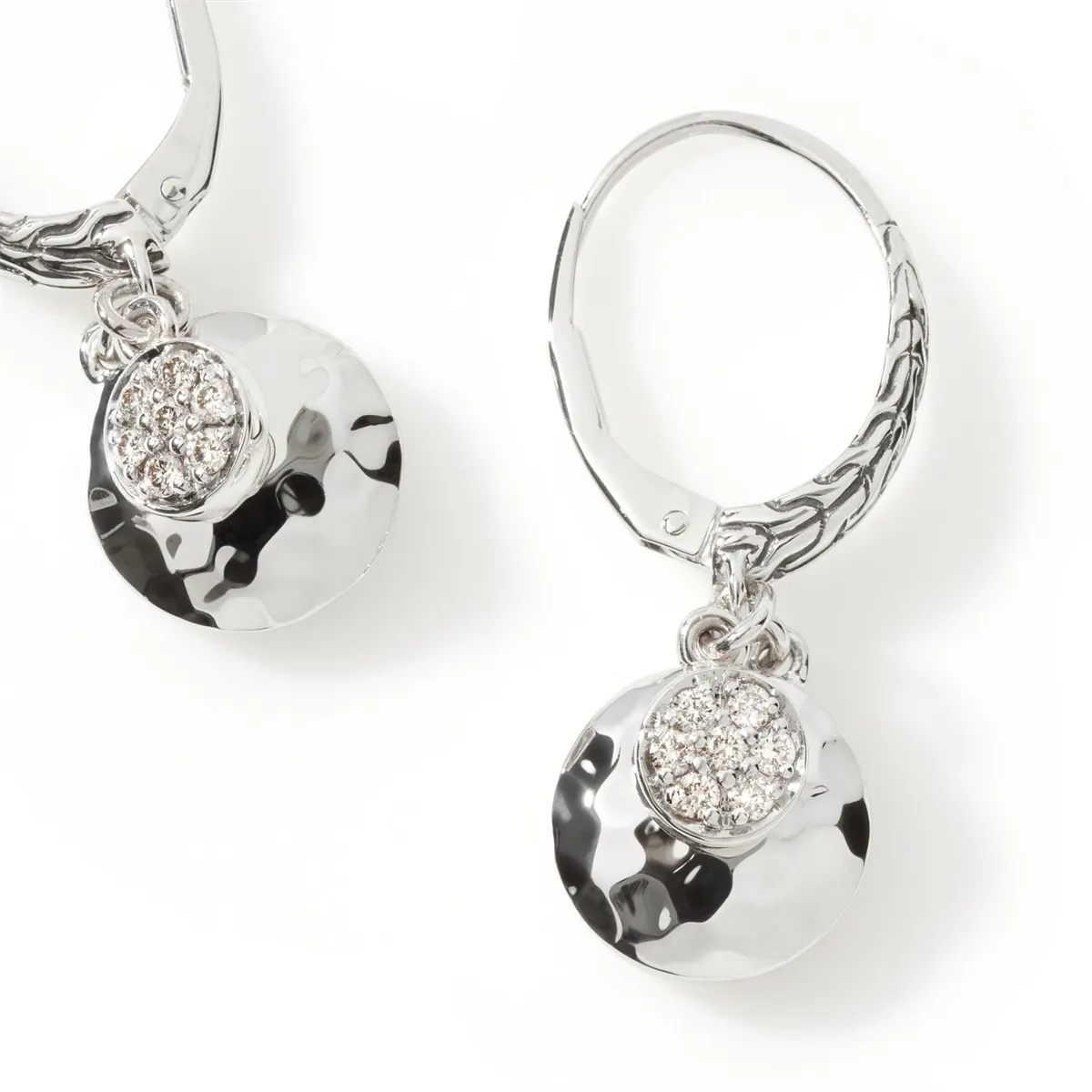 John Hardy Dot Sterling Silver Hammered Diamond Pave' Dangle Earrings