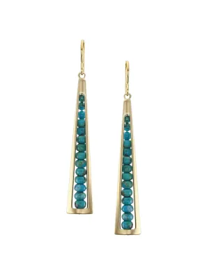 Long Cutout with Turquoise Bead Stack Brass Wire Earrings