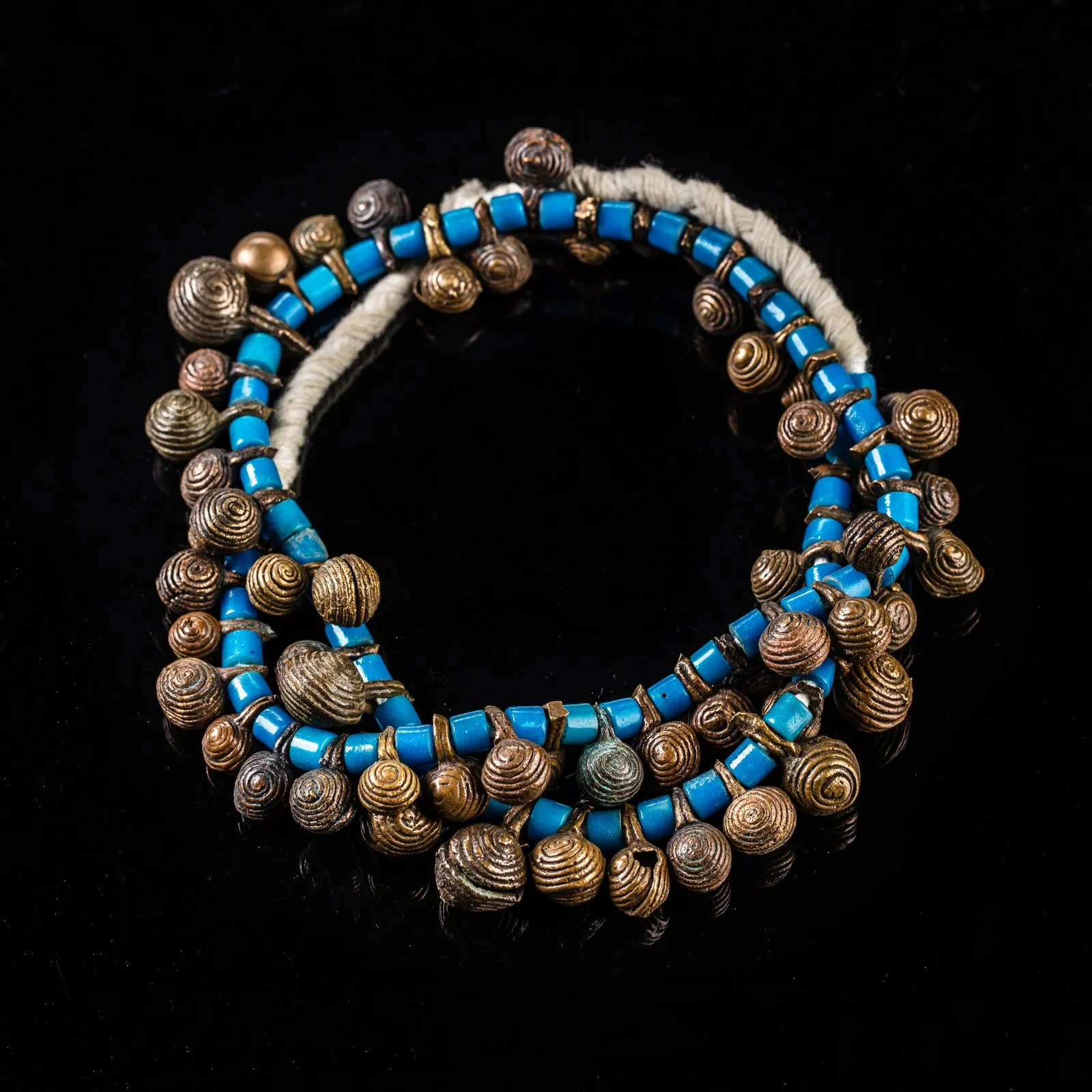 Naga Blue Glass Trade Beads Necklace, Bronze Beaded Jewelry