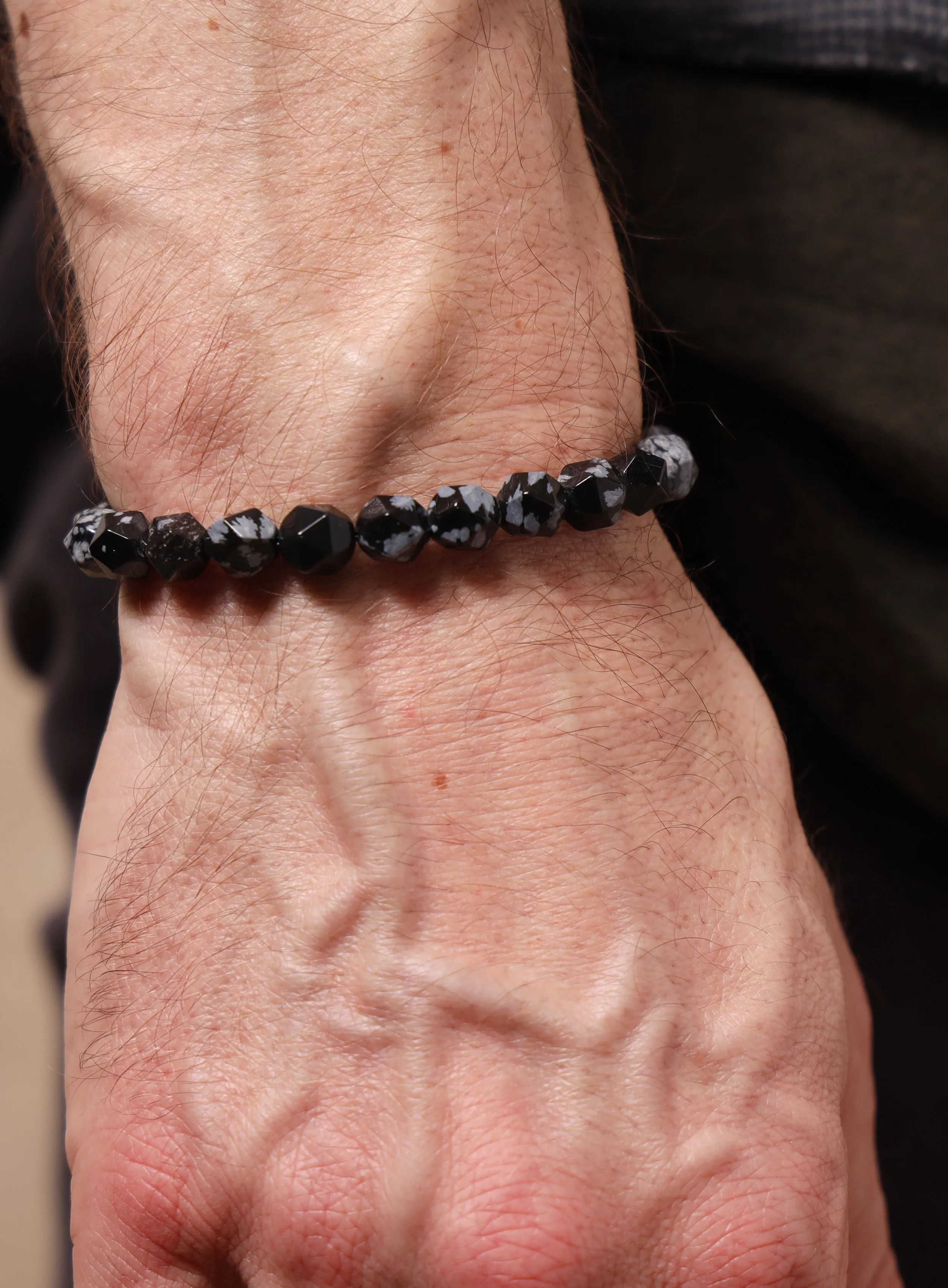 Snowflake Obsidian and Sterling Silver Men's Bead Bracelet