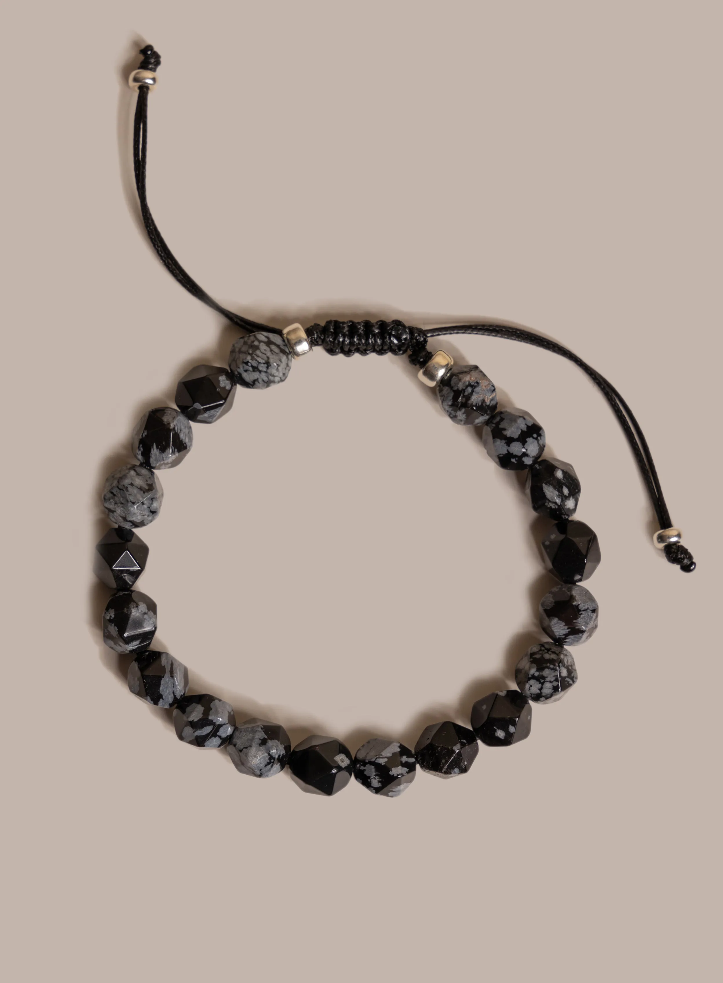 Snowflake Obsidian and Sterling Silver Men's Bead Bracelet