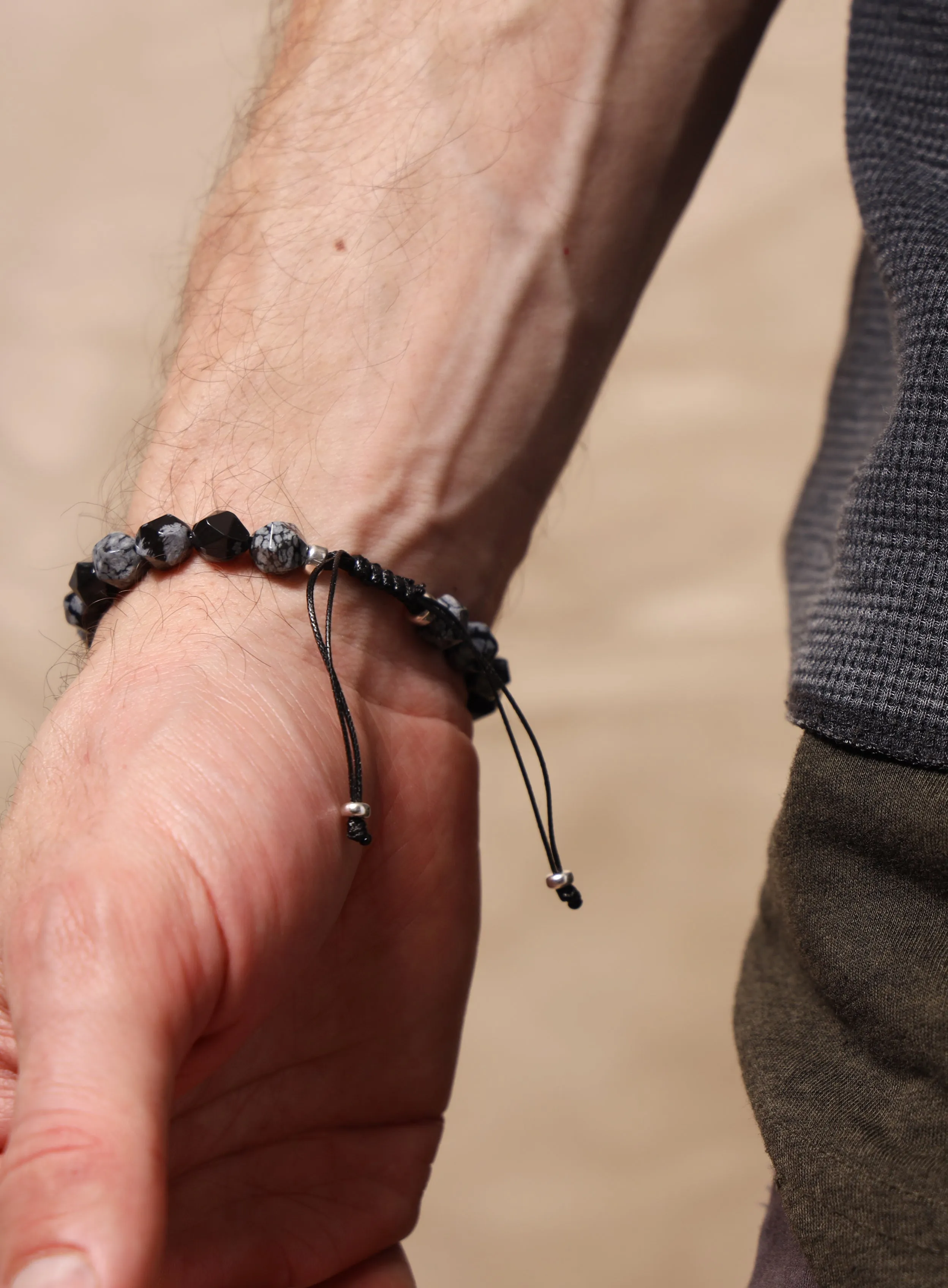Snowflake Obsidian and Sterling Silver Men's Bead Bracelet