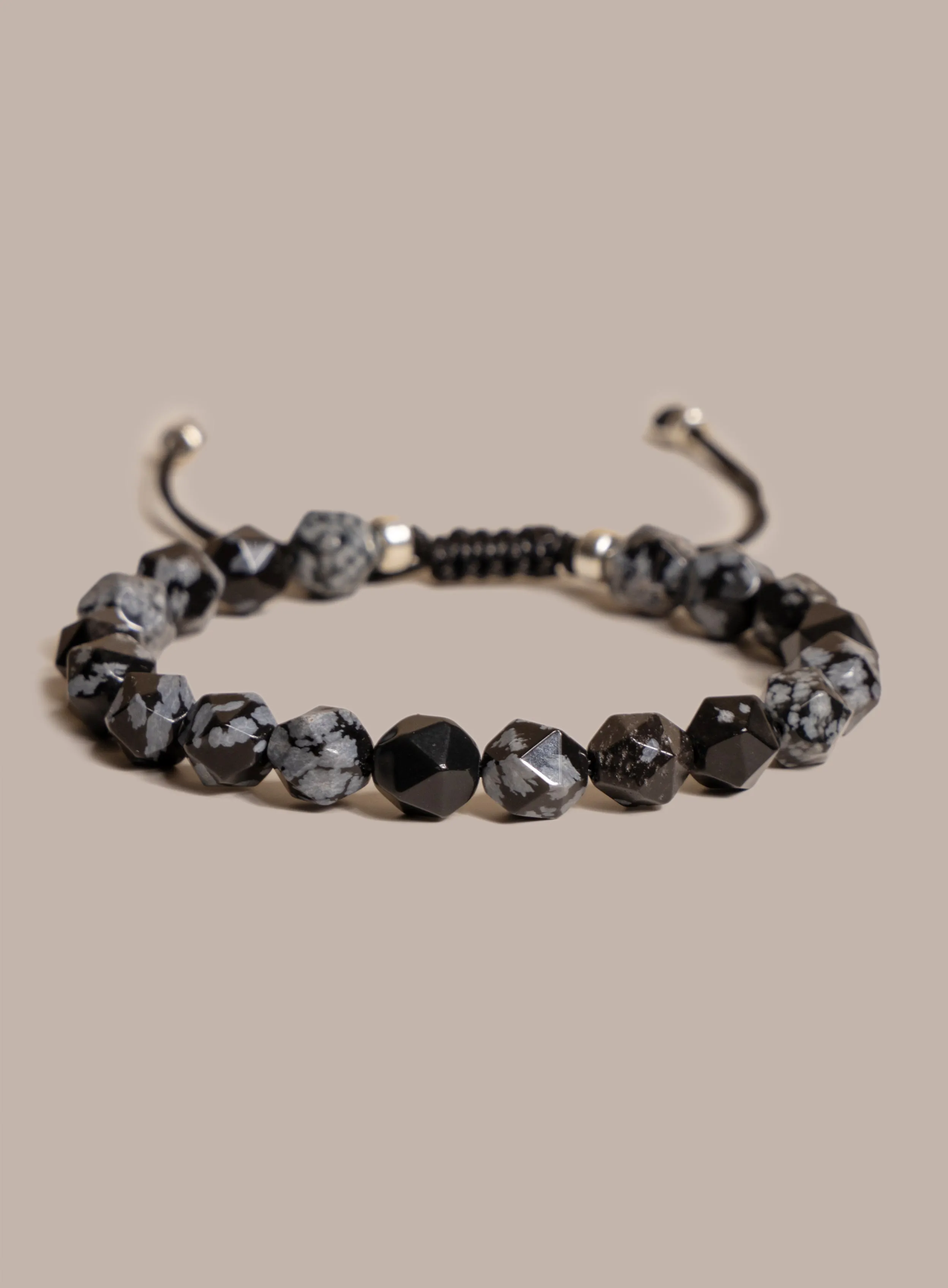 Snowflake Obsidian and Sterling Silver Men's Bead Bracelet