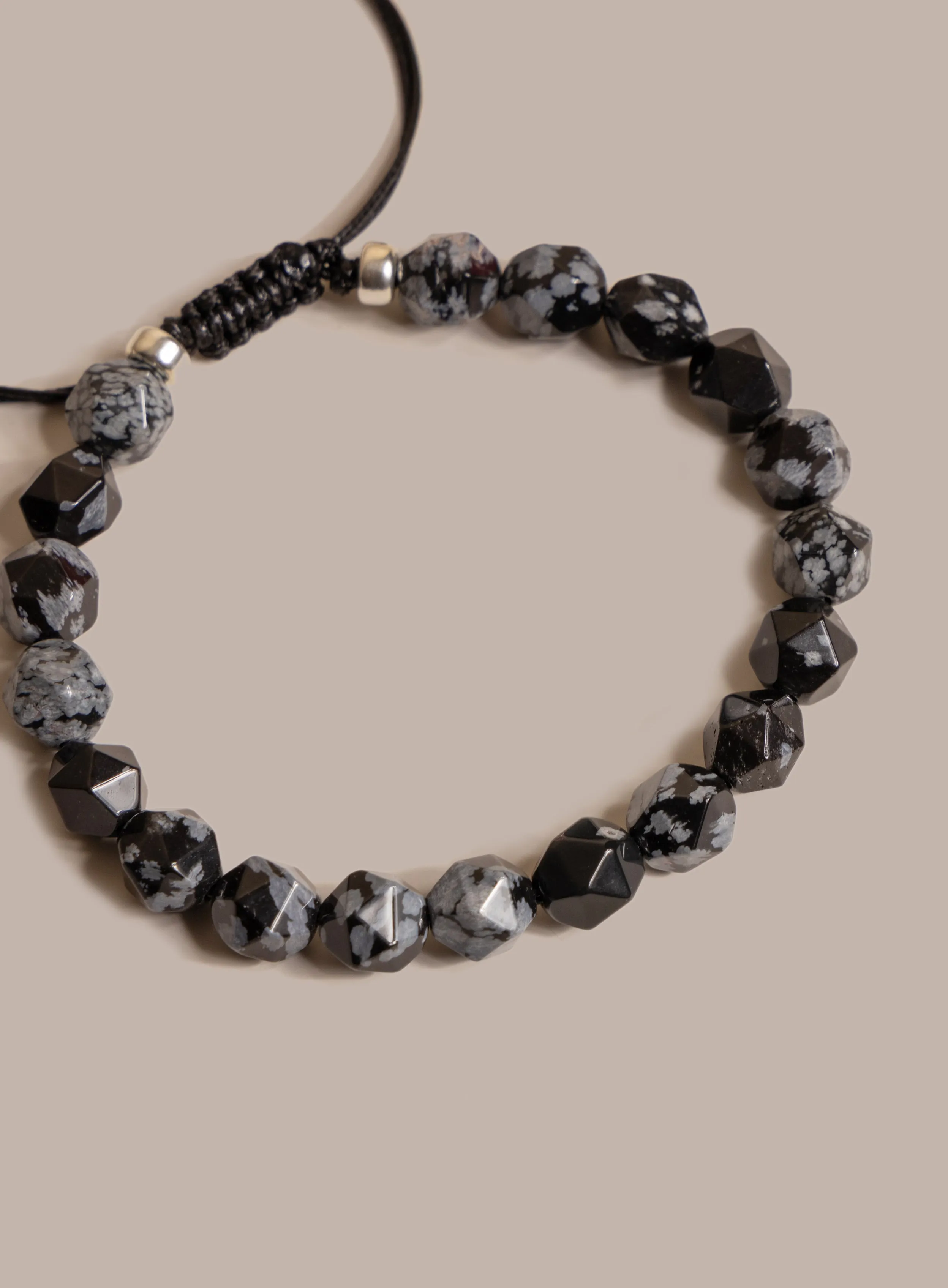 Snowflake Obsidian and Sterling Silver Men's Bead Bracelet