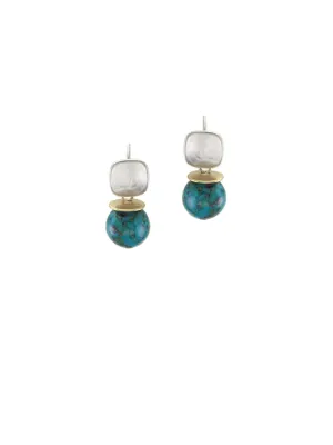 Square with Disc and Turquoise Bead Wire Earrings