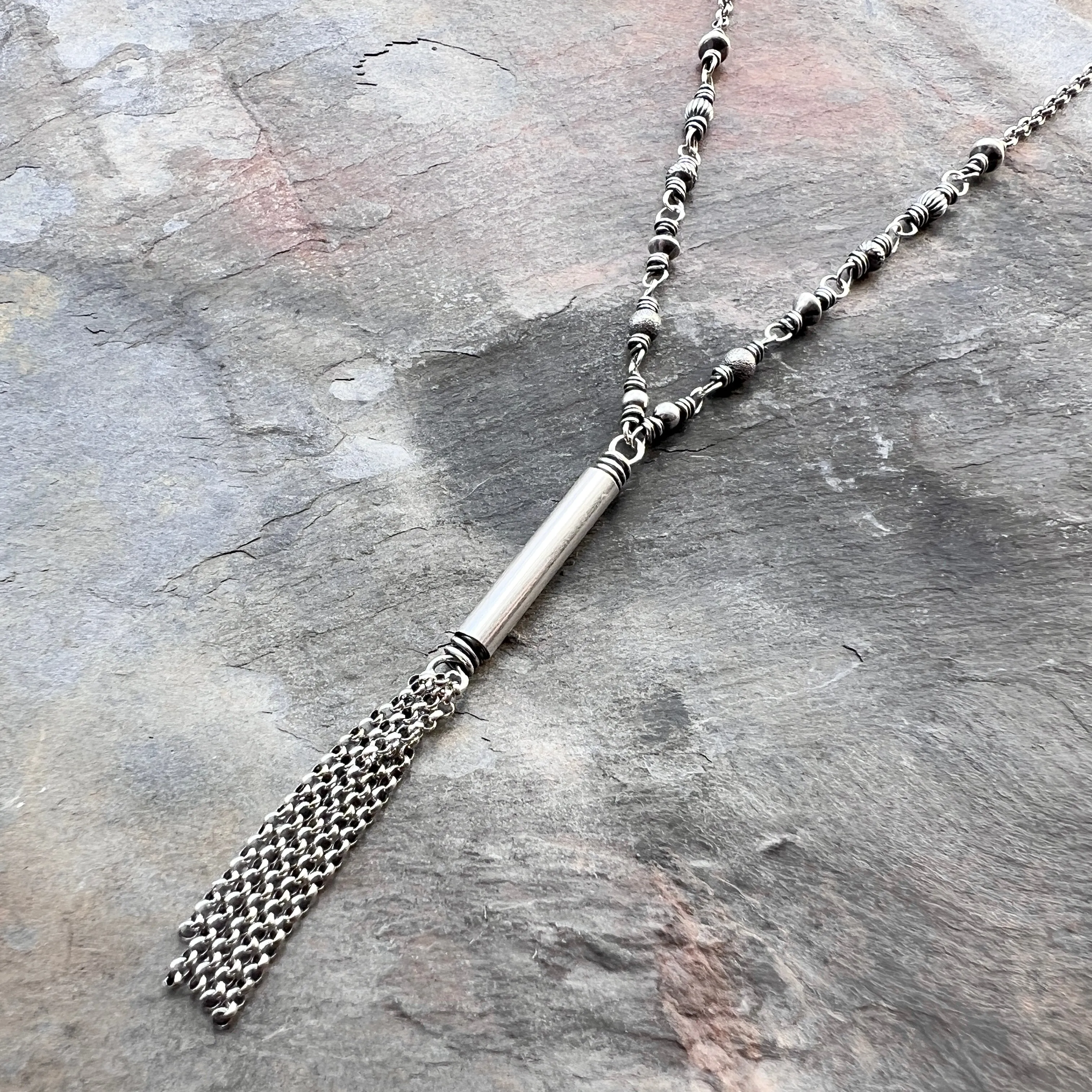 Sterling Silver Beaded Tassel Necklace | Long Wire-Wrapped Drop Pendant