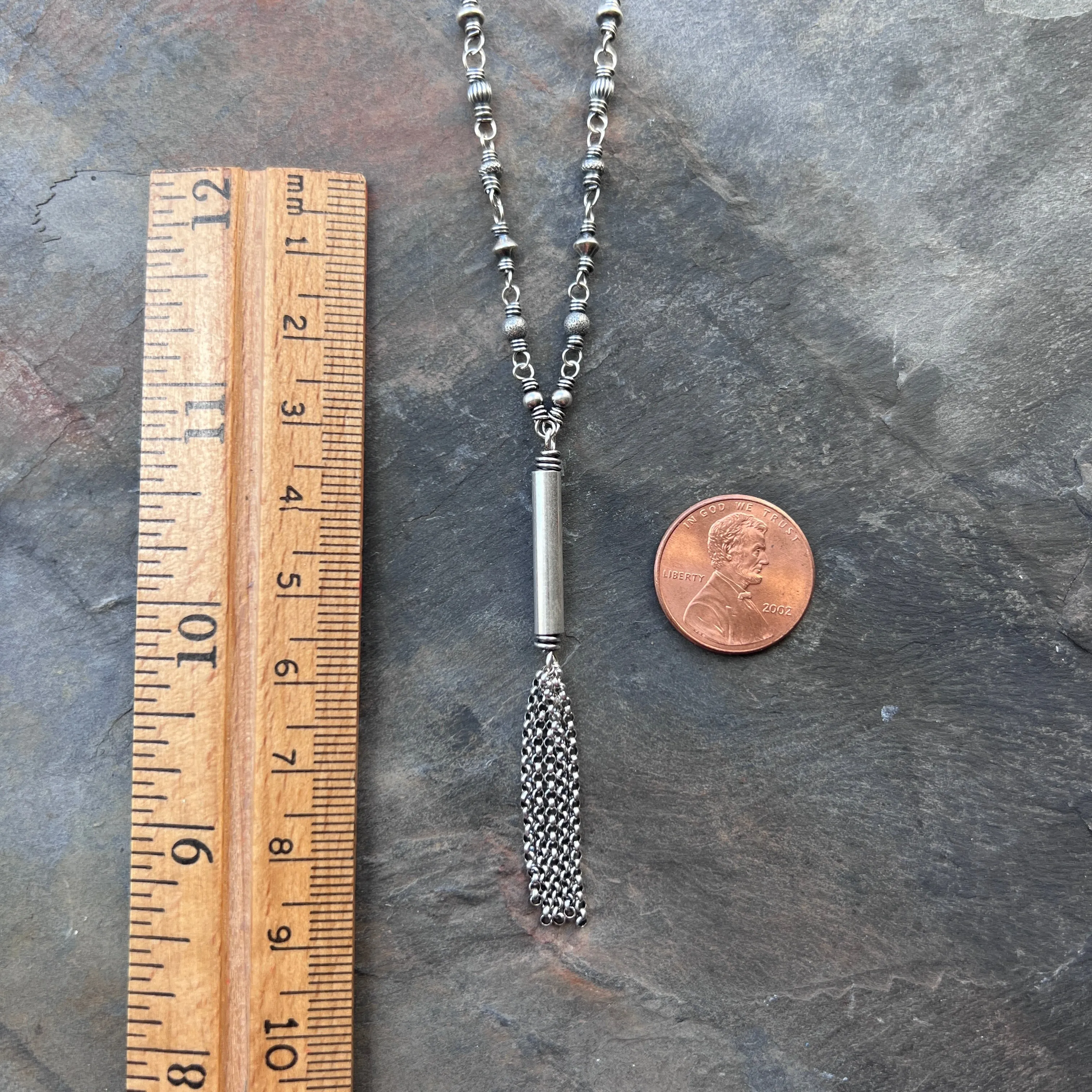 Sterling Silver Beaded Tassel Necklace | Long Wire-Wrapped Drop Pendant