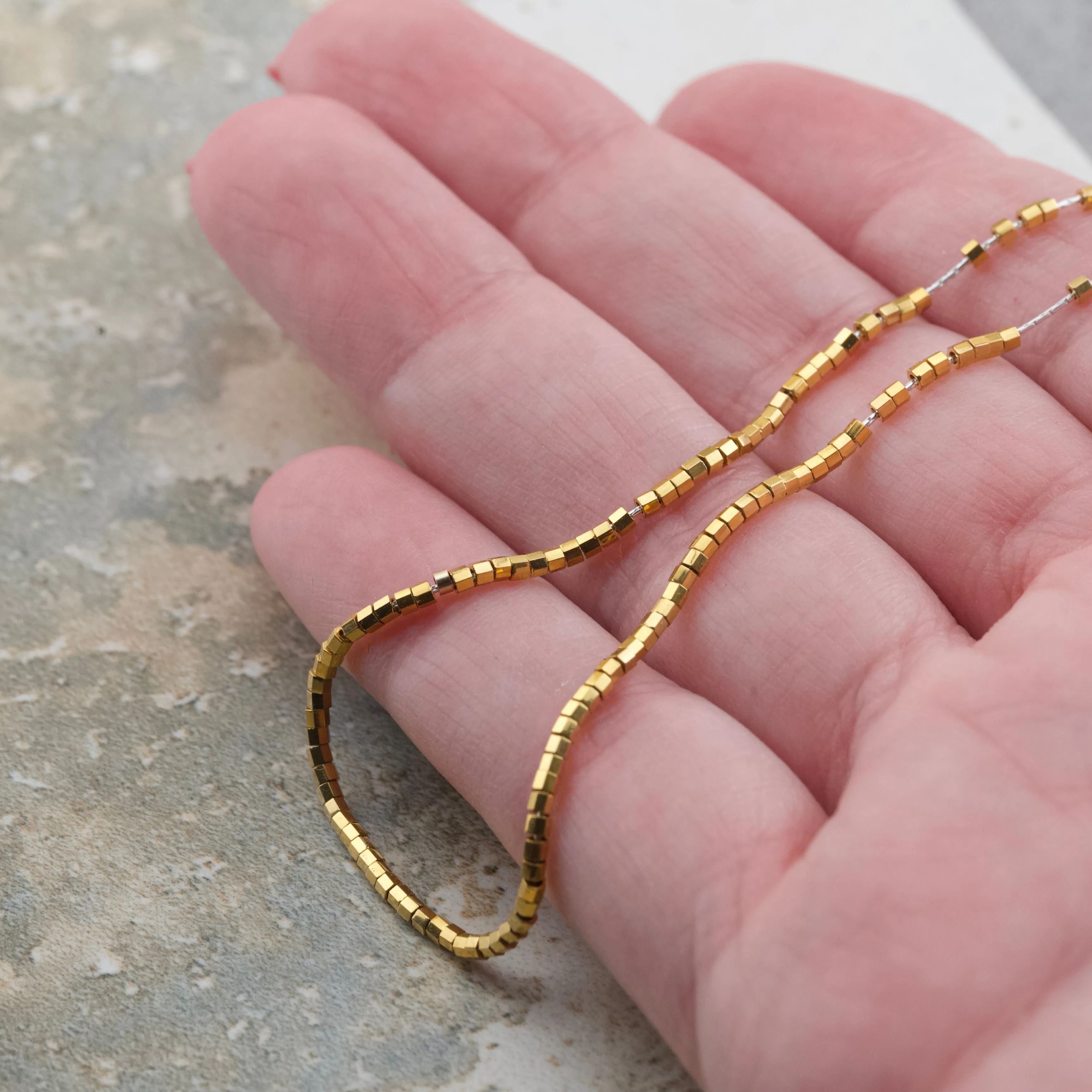 Sterling silver chain and sparkling 24k gold plated Japanese Glass slider beaded necklace