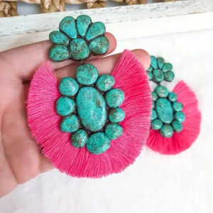 The Roan Earrings - Turquoise with Hot Pink Fringe