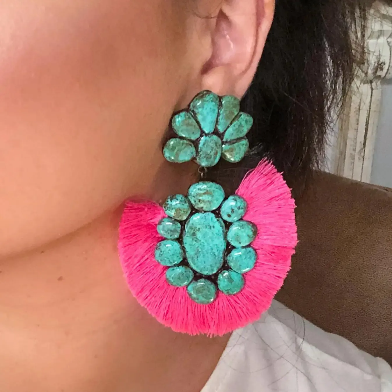 The Roan Earrings - Turquoise with Hot Pink Fringe