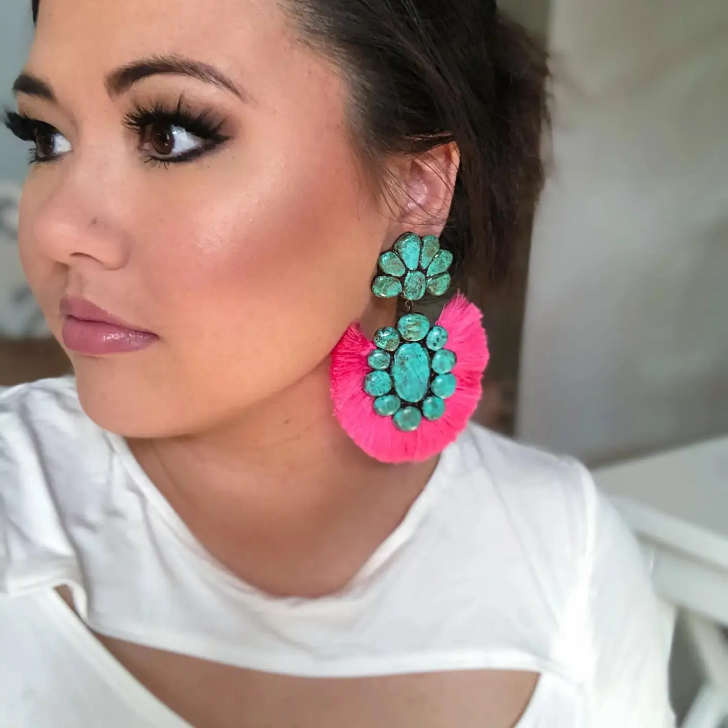 The Roan Earrings - Turquoise with Hot Pink Fringe