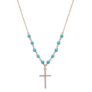 TURQUOISE BEADED ROSE GOLD CROSS NECKLACE