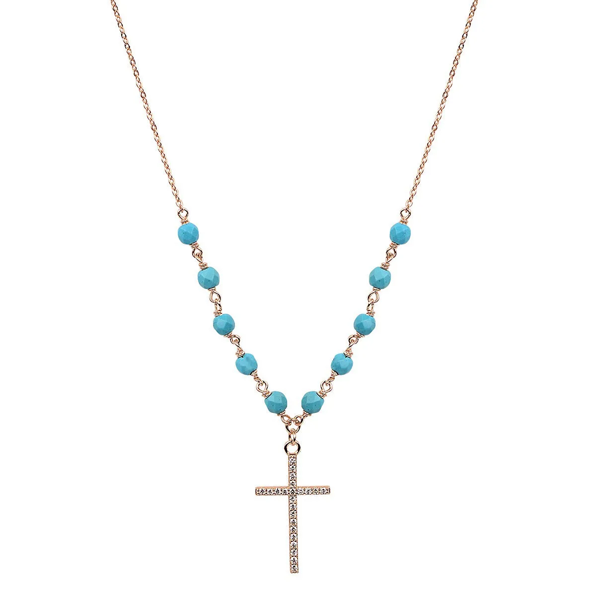 TURQUOISE BEADED ROSE GOLD CROSS NECKLACE