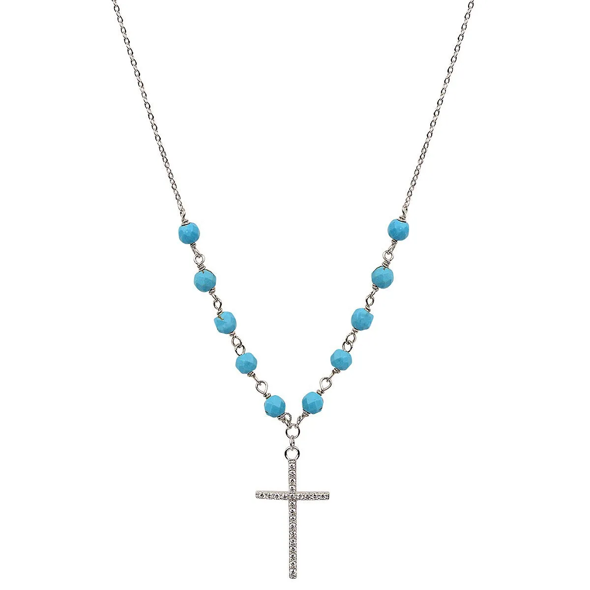 TURQUOISE BEADED SILVER CROSS NECKLACE