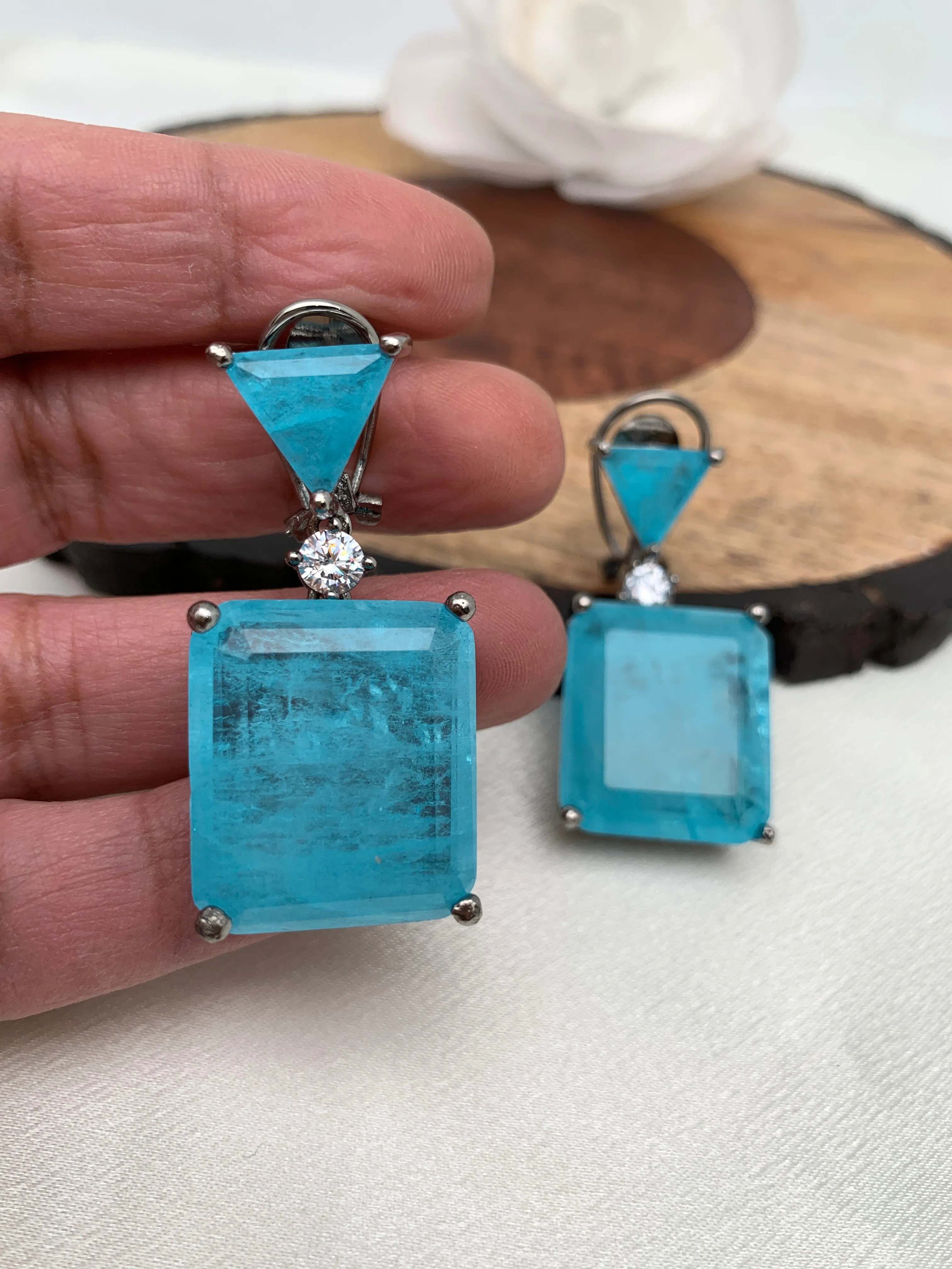 Turquoise Square Doublet Stone AD Earrings